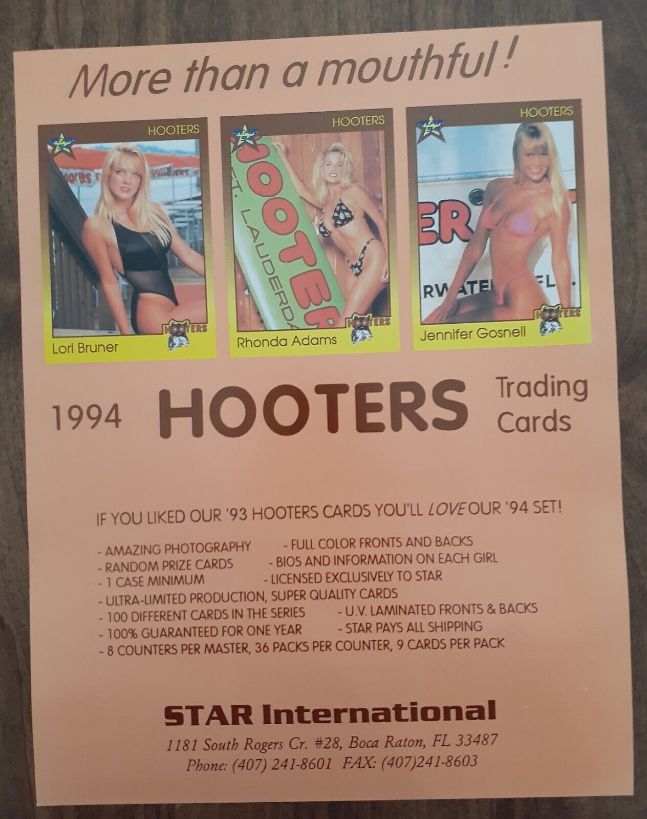 Promo Sell Sheet - HOOTERS 1994 Collection Trading Cards - More Than A Mouthful