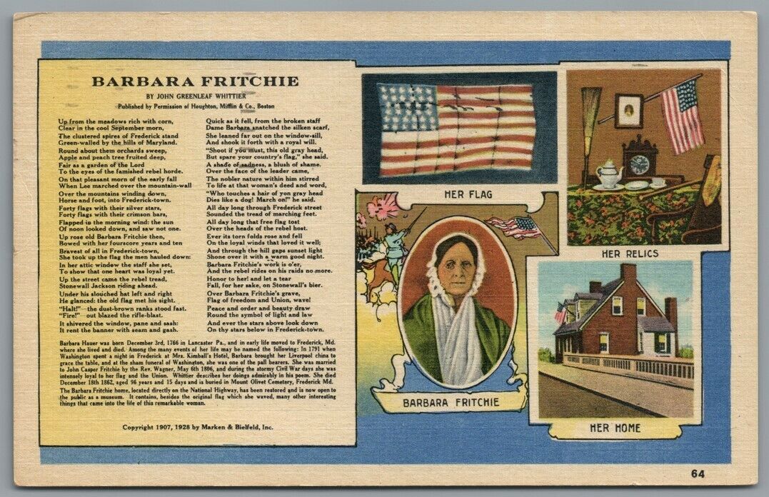 Postcard Barbara Fritchie poem Greenleaf Whittier flag home museum posted 1954