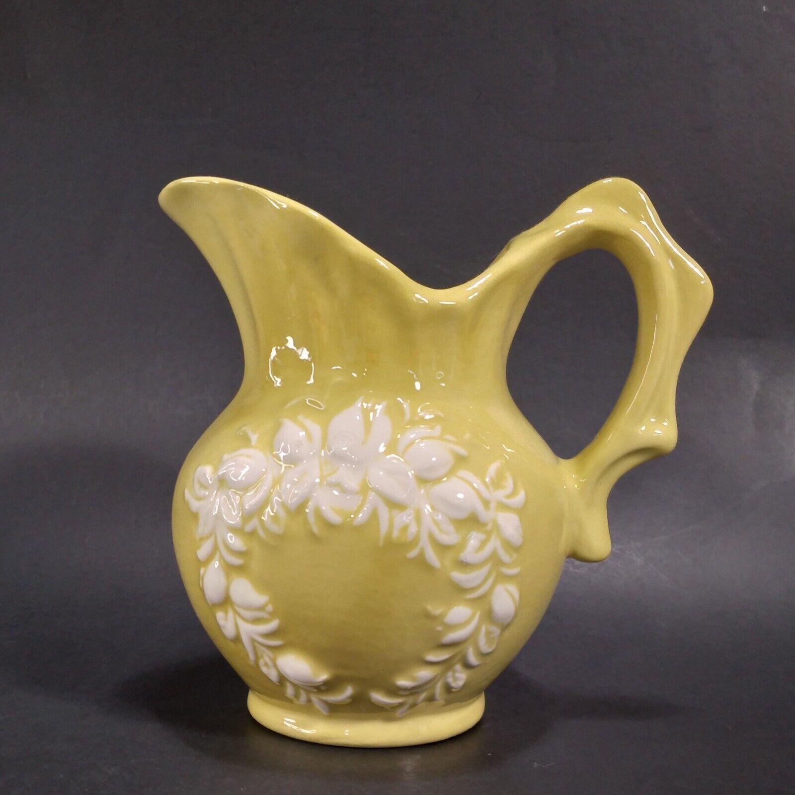 Vintage Small Yellow Decorative Pitcher Vase White Embosssed Floral Tulip Wreath