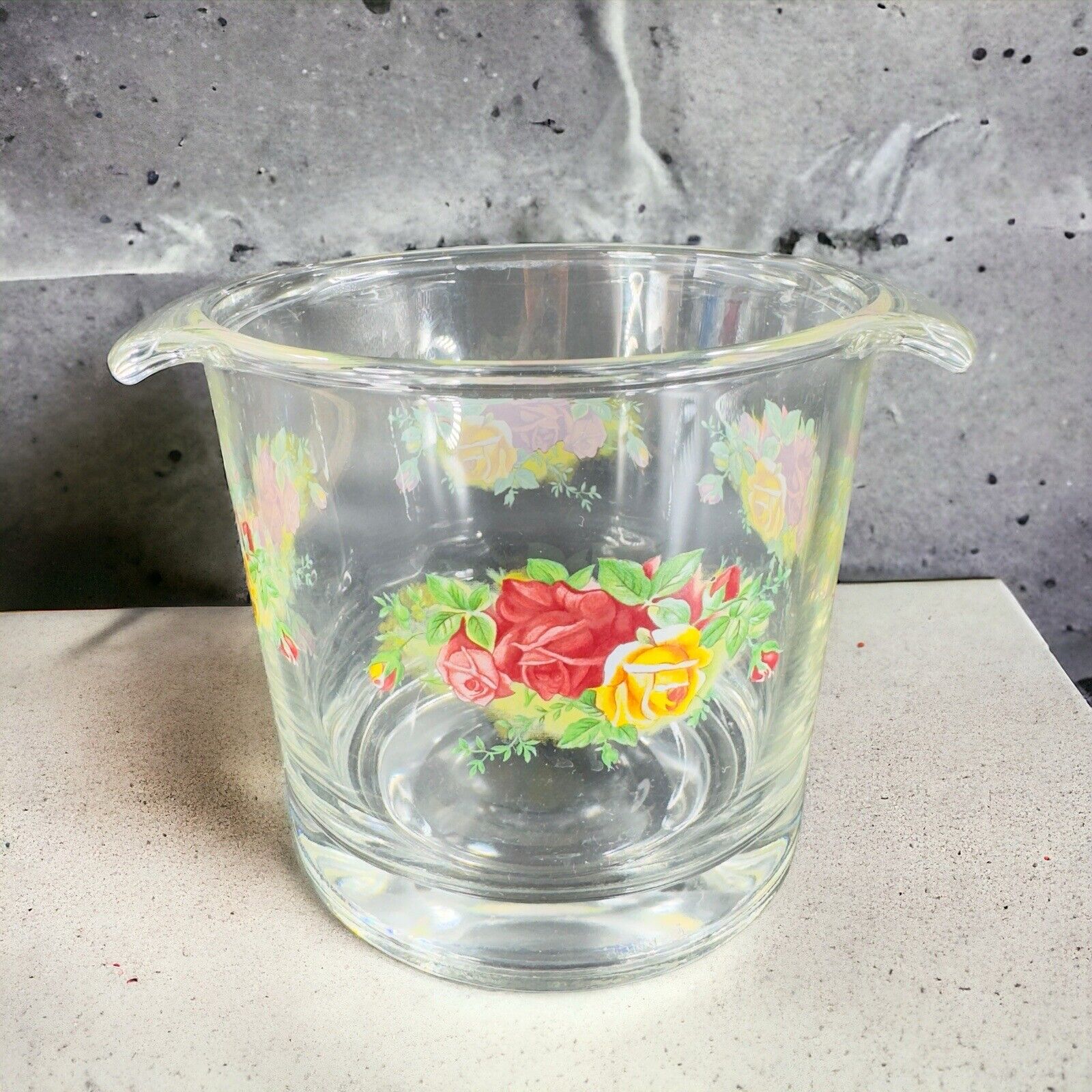 Royal Albert Old Country Rose Clear Glass Ice Bucket Container With Handles VTG