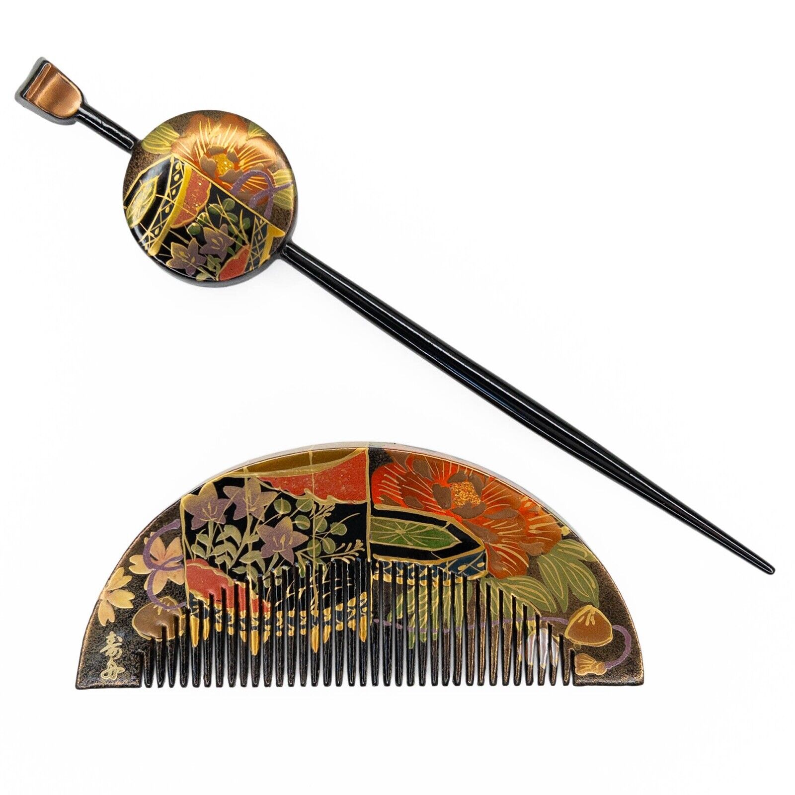 Vintage Japanese Black Lacquer Tsuge Boxwood Kanzashi Hair Ornament Set: Oct23-Z