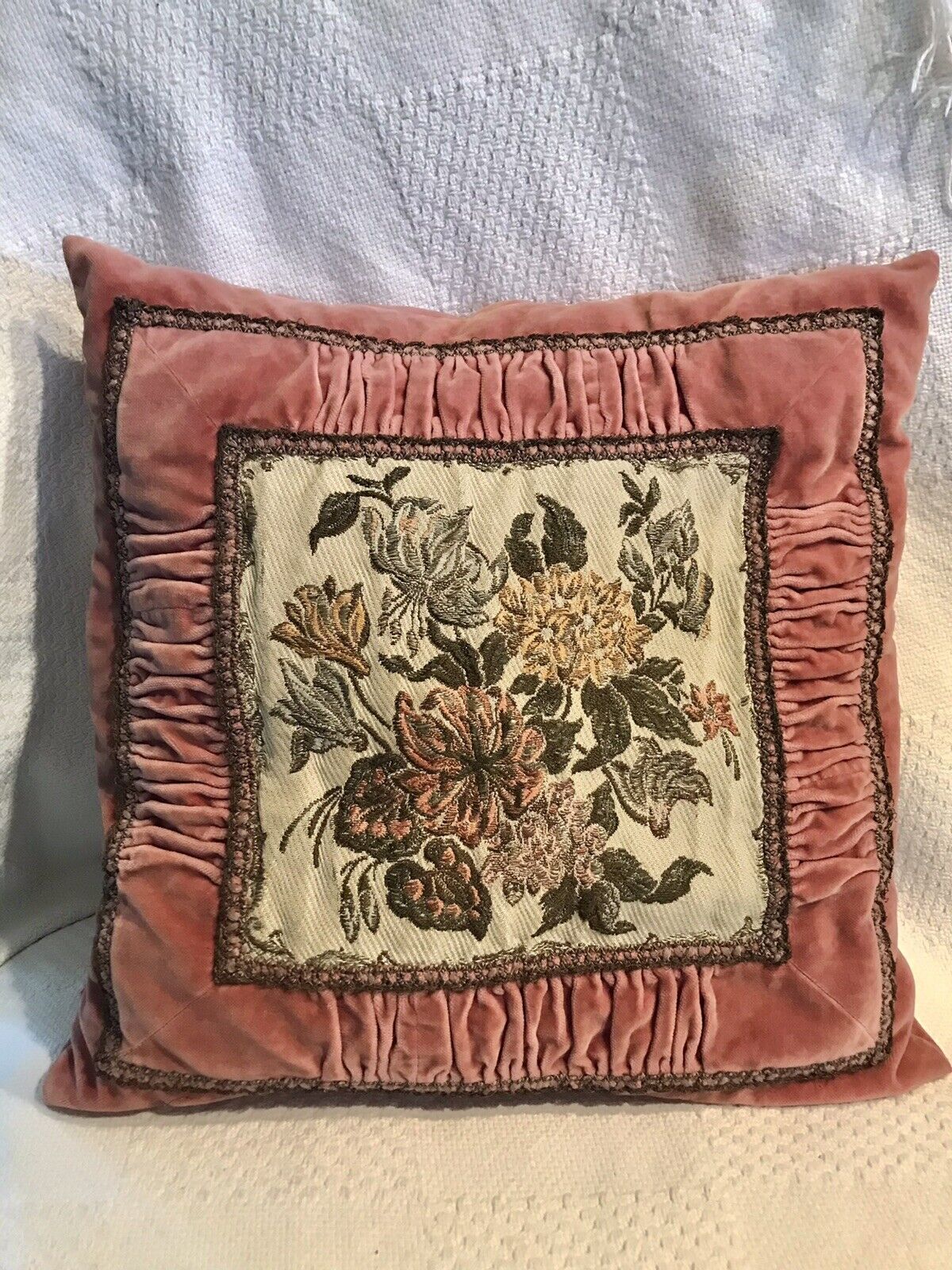 Antique Victorian Pillow Floral Velvet Ruched Square 13”x13” Dusty Rose Zipper