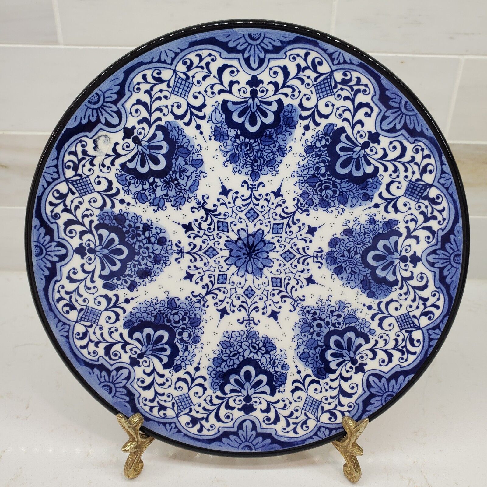 Blue and White Spanish Plate Dish by Ceramar Spain Hand Painted Fan Pattern Art