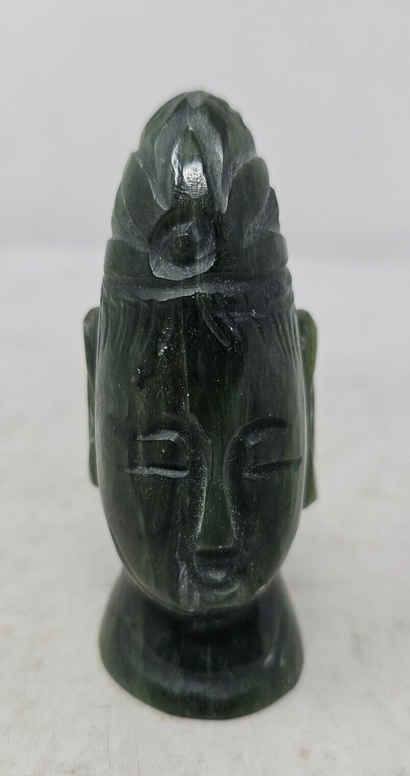 Vintage Aztec Mayan Nephrite  Hand Carved Solid Green Obsidian Warrior Figure  
