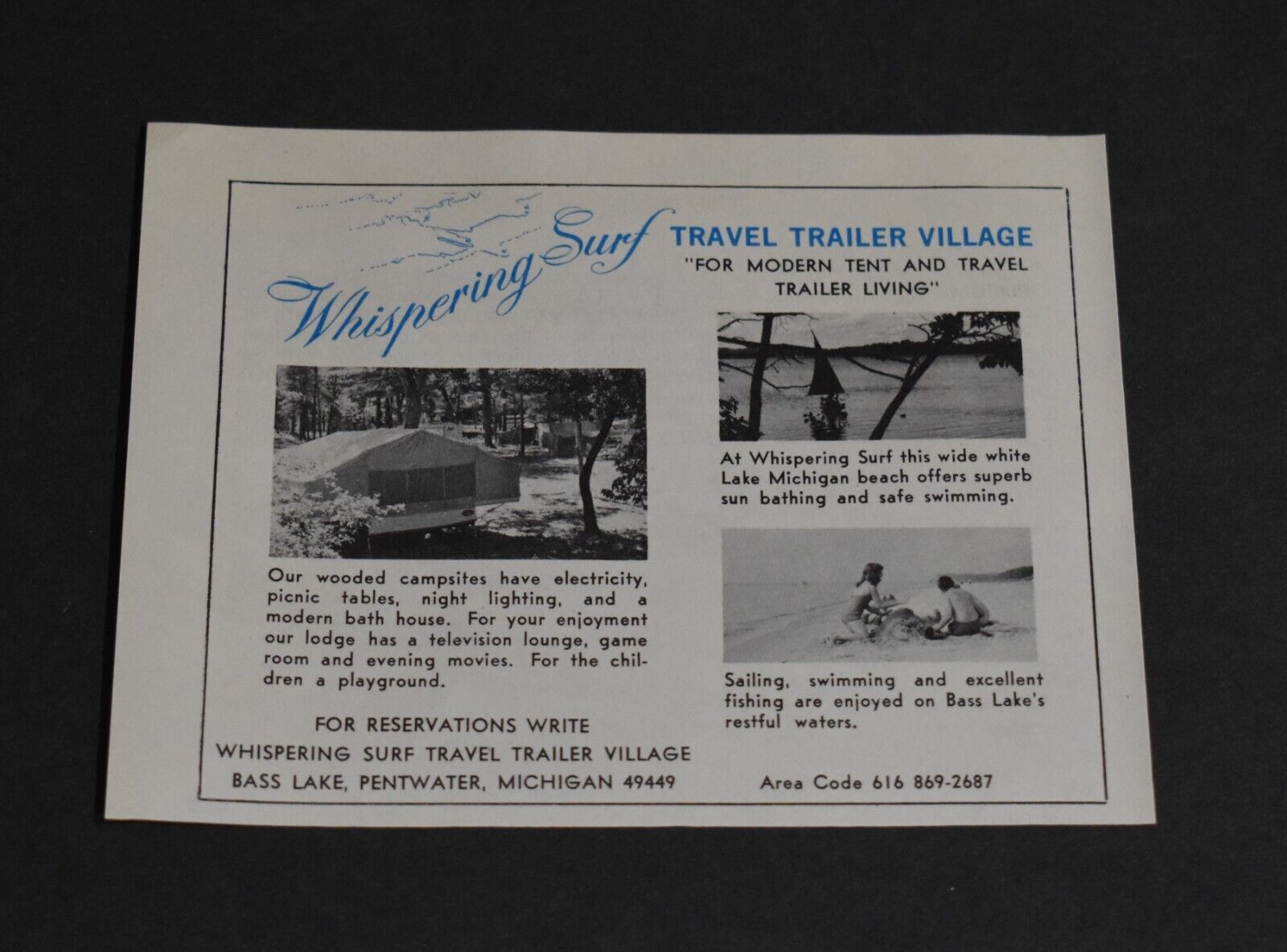 1966 Print Ad Michigan Pentwater Bass Lake Whispering Surf Travel Trailer Art
