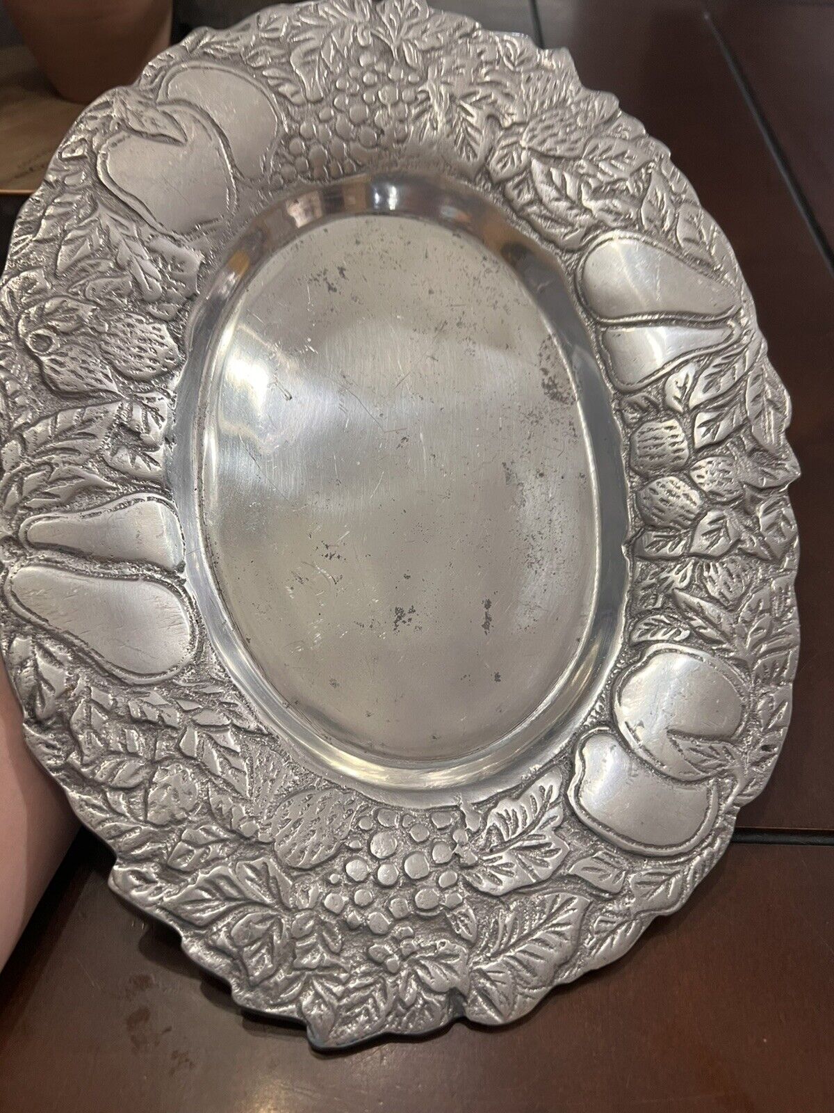 Beautiful Vintage Oval Tray Serving Platter Fruit Pewter Handcrafted 15.5”x11.5”