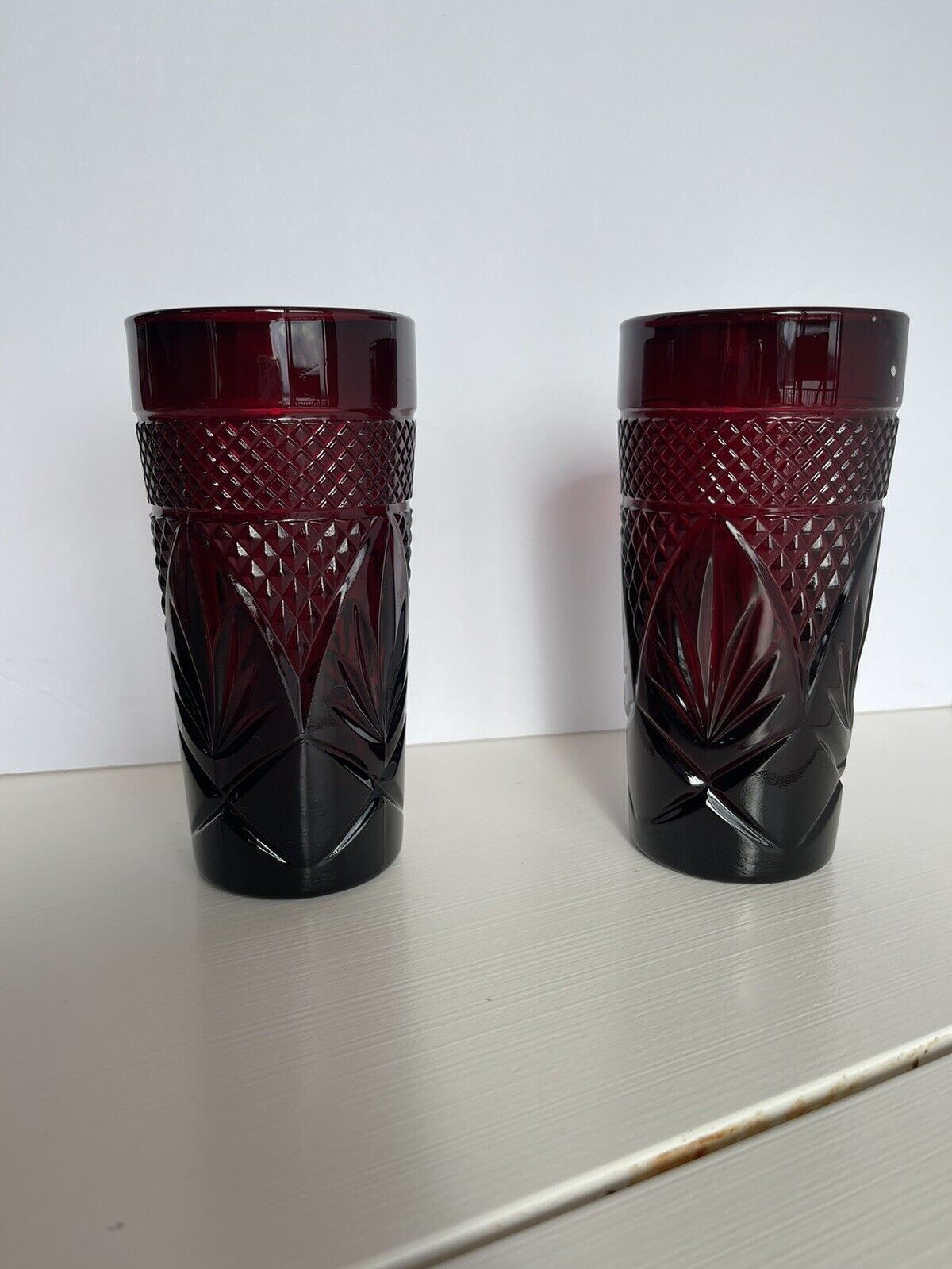 FRENCH RUBY RED TUMBLERS VINTAGE SET OF 2-CRISTAL D\'ARQUES LUMINARC ARCOROC