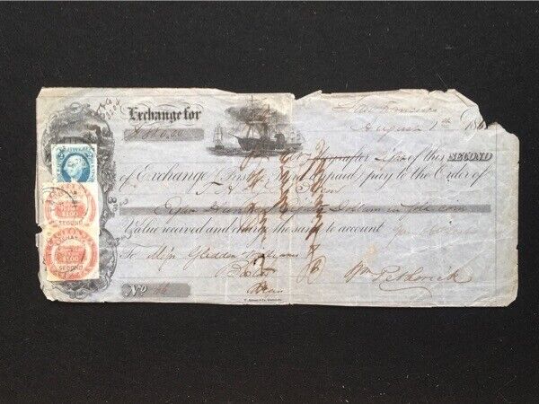 186? SAN FRAN. SECOND OF EXCHANGE $880 W/2¢ AFFIXED REV.+2 CALIF STATE TAX SEALS