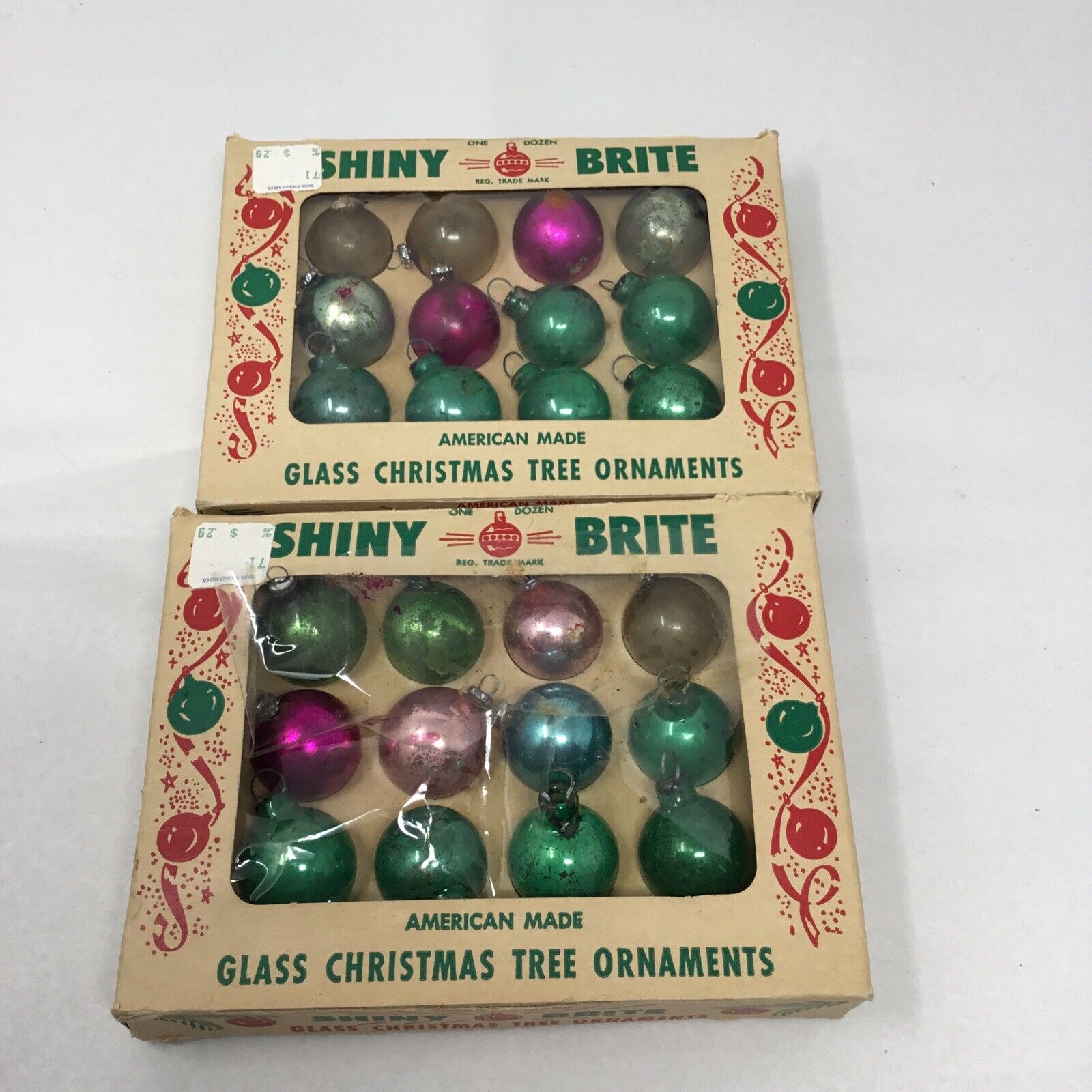 24 Vintage Shiny Brite 1” Glass Ball Mini Christmas Ornaments W/ Box
