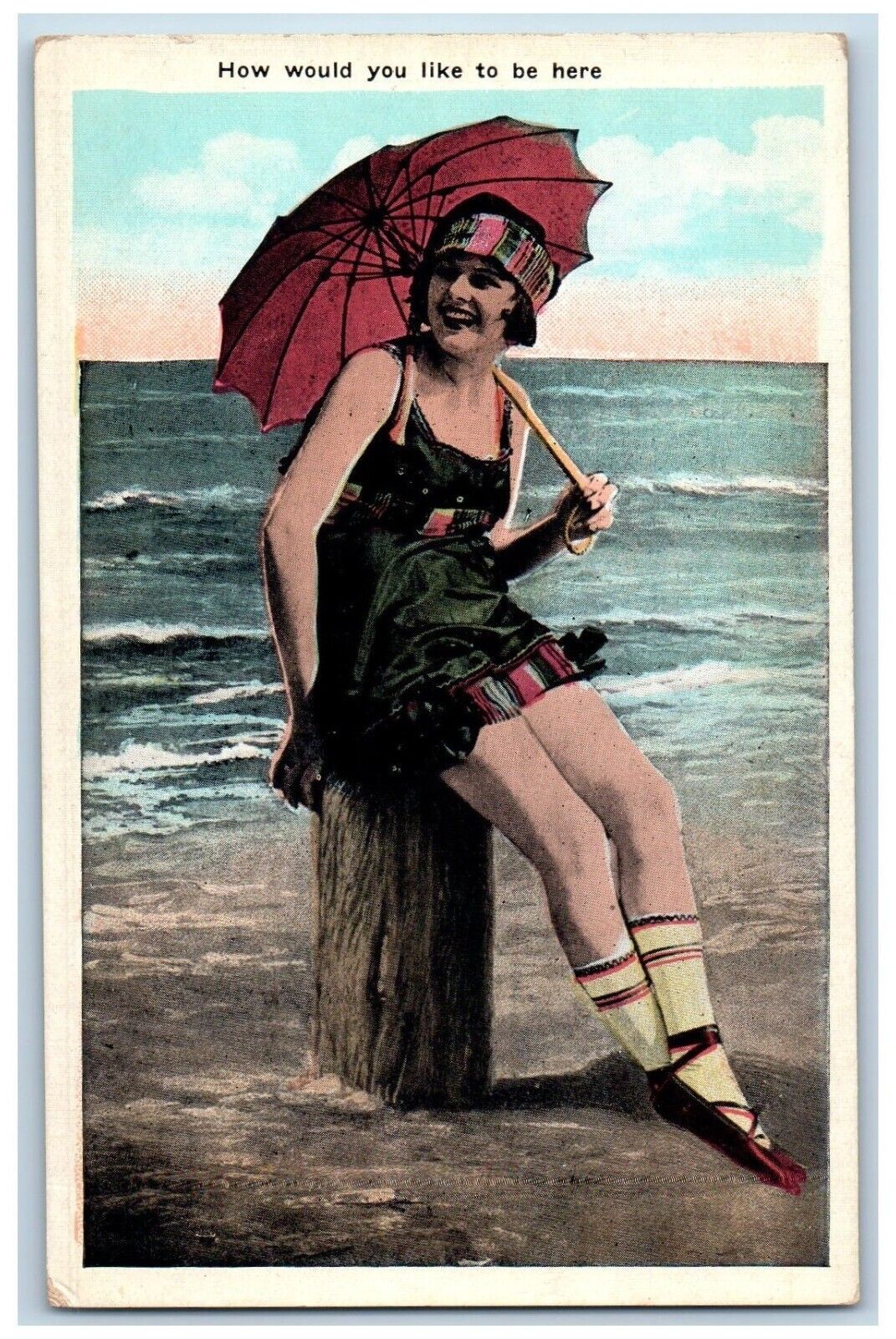 Beach Bathing Beauty Postcard How Would You Like To Be Here c1930's Vintage