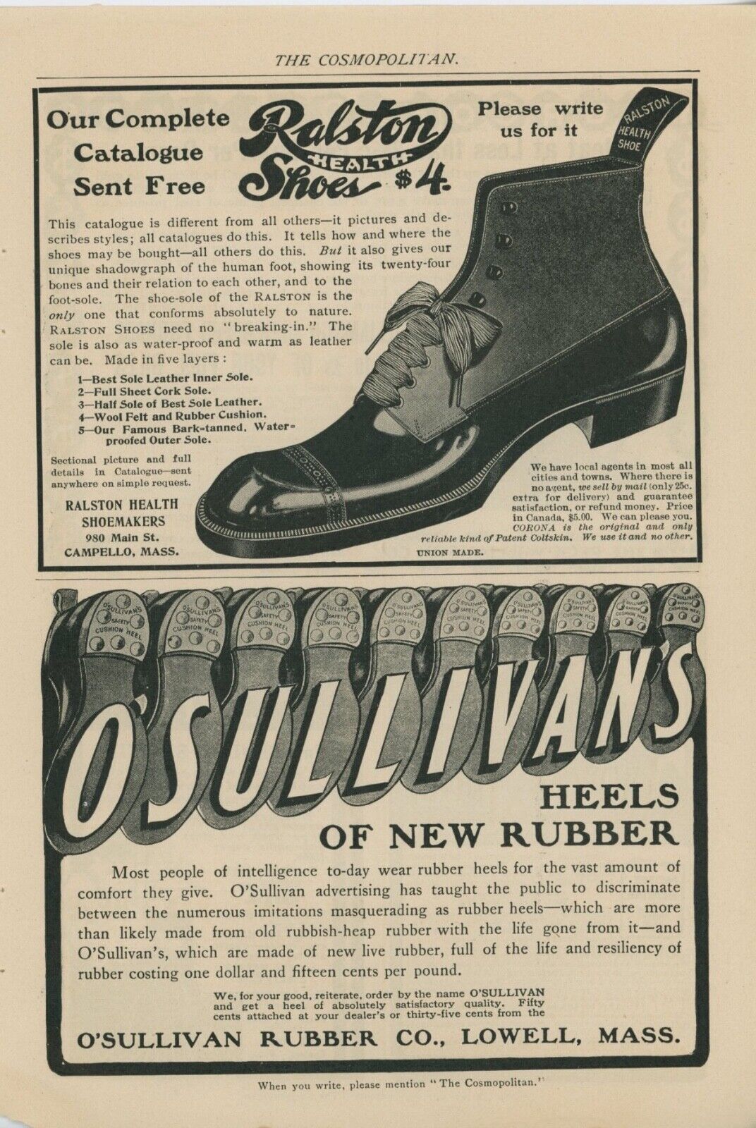1904 Vintage Shoe Ads - O'Sullivan Rubber Heels + Ralston Health Shoemakers