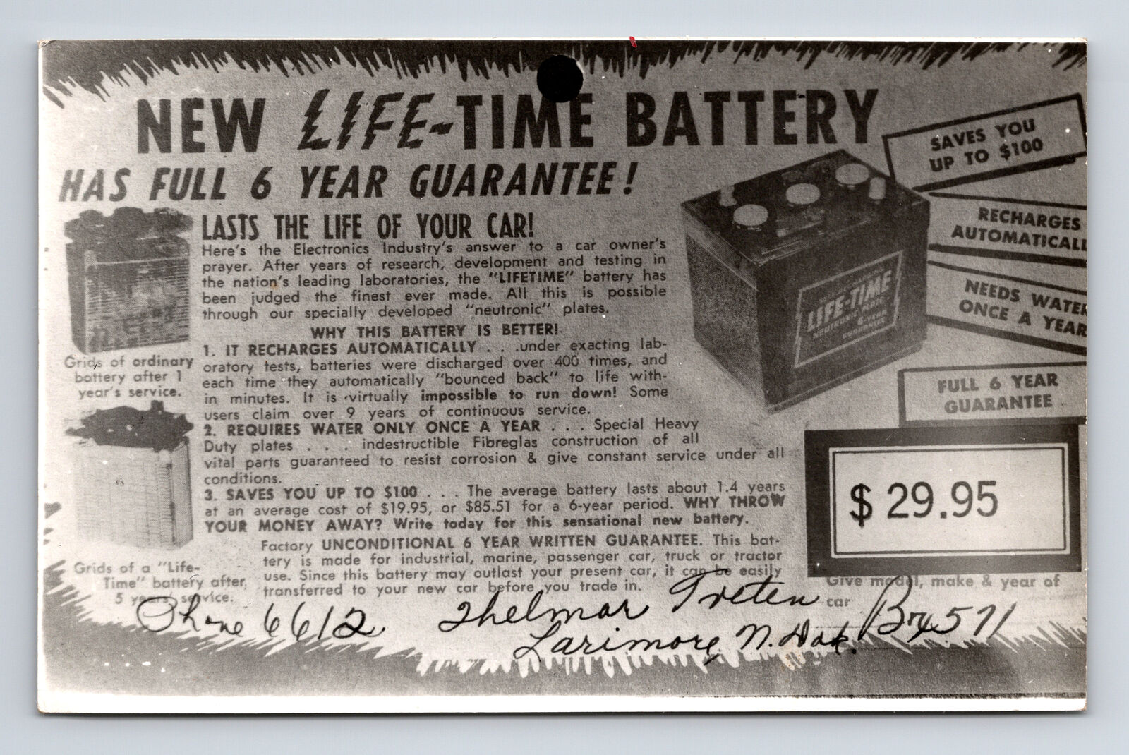 RPPC New Life Time Battery Picture of Advertisement Larimore ND Postcard
