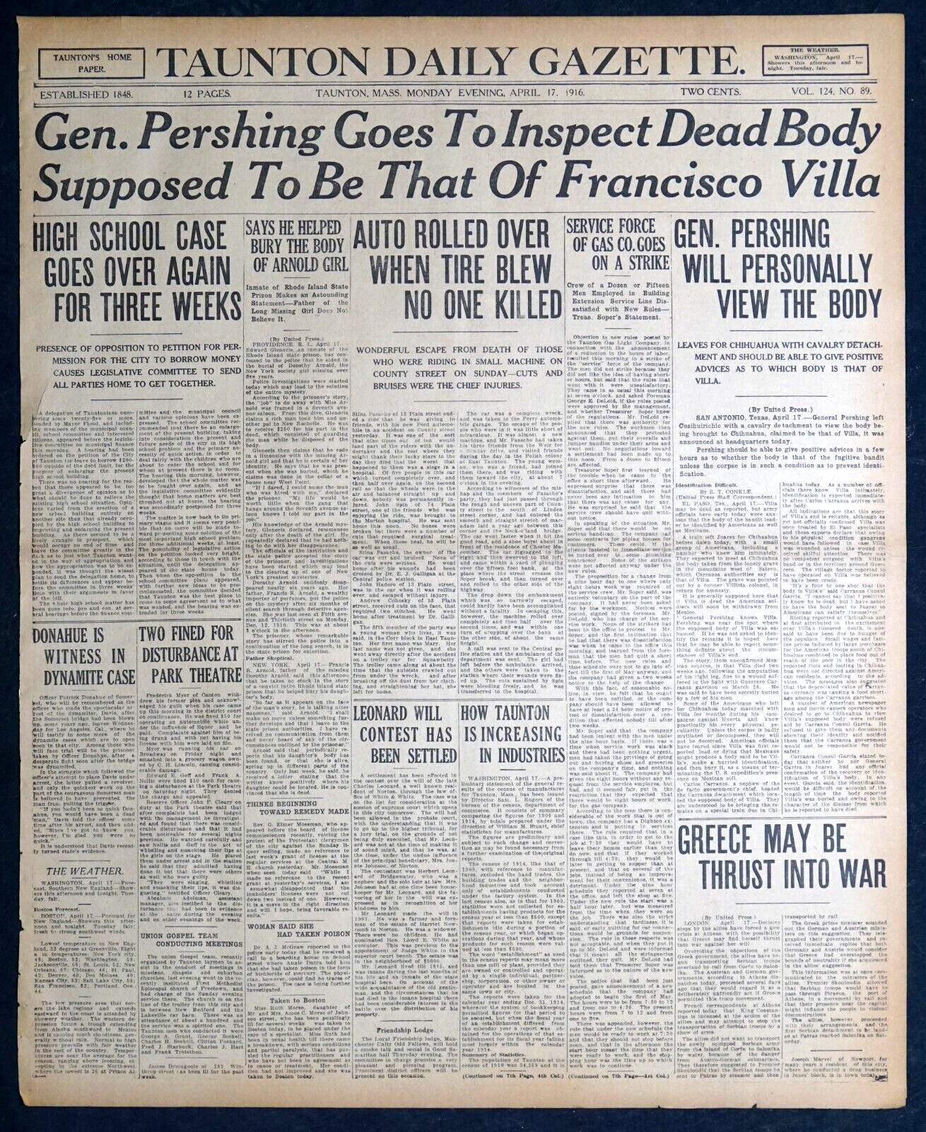 1916 Newspaper Front Page - Pershing to Inspect Supposed Pancho Villa Dead Body
