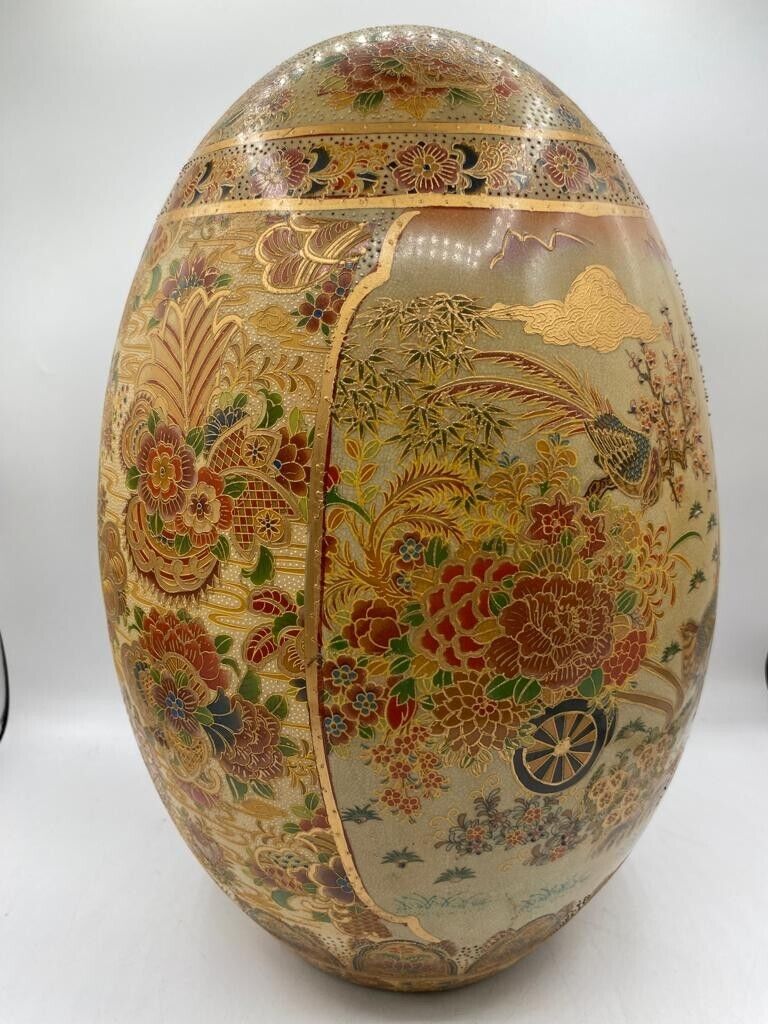 Vintage Asian Hand Painted with 24k gold large Satsuma Ceramic Egg 17 inches