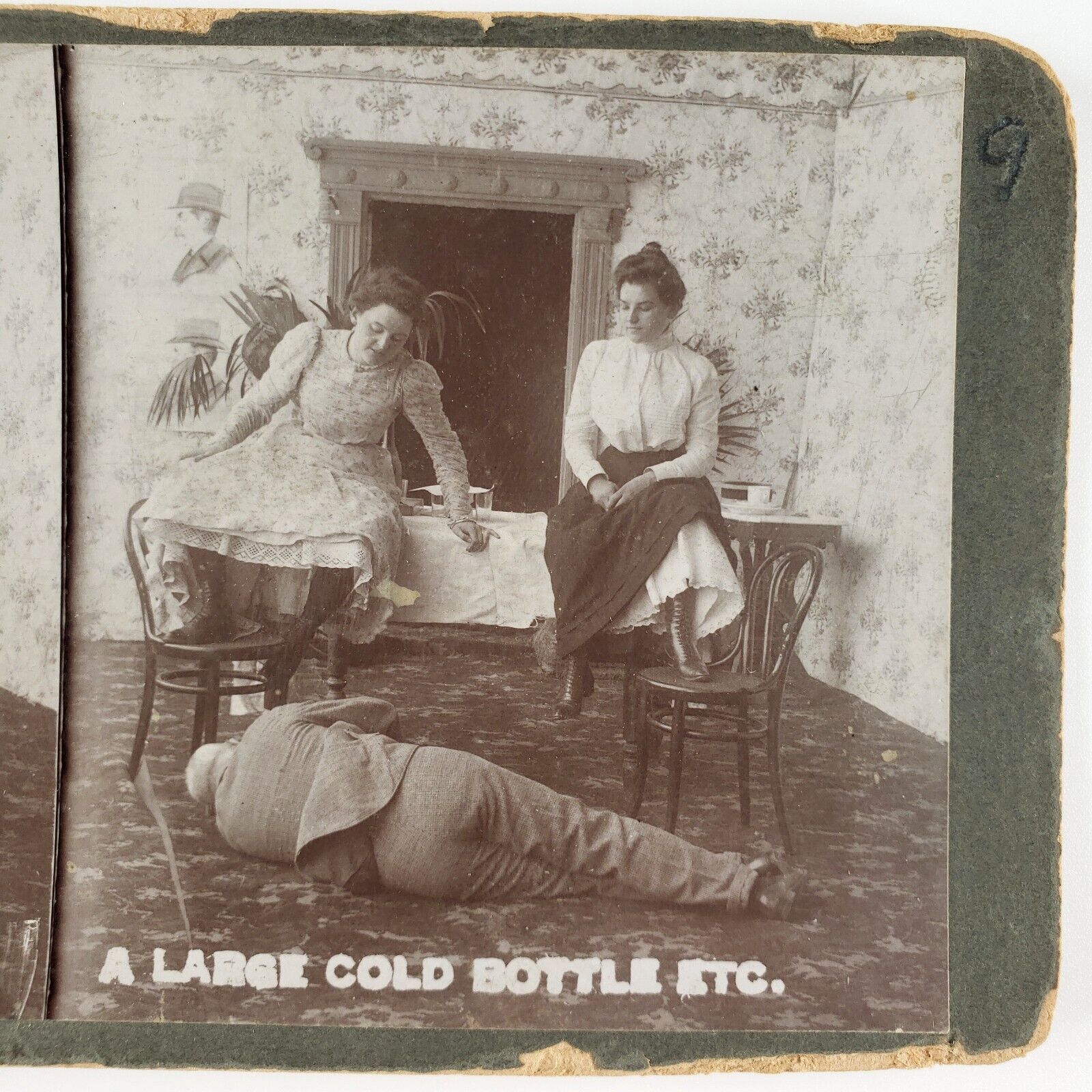 Drunk Man Collapsed on Floor Stereoview c1900 Large Cold Bottle Women Card B2057