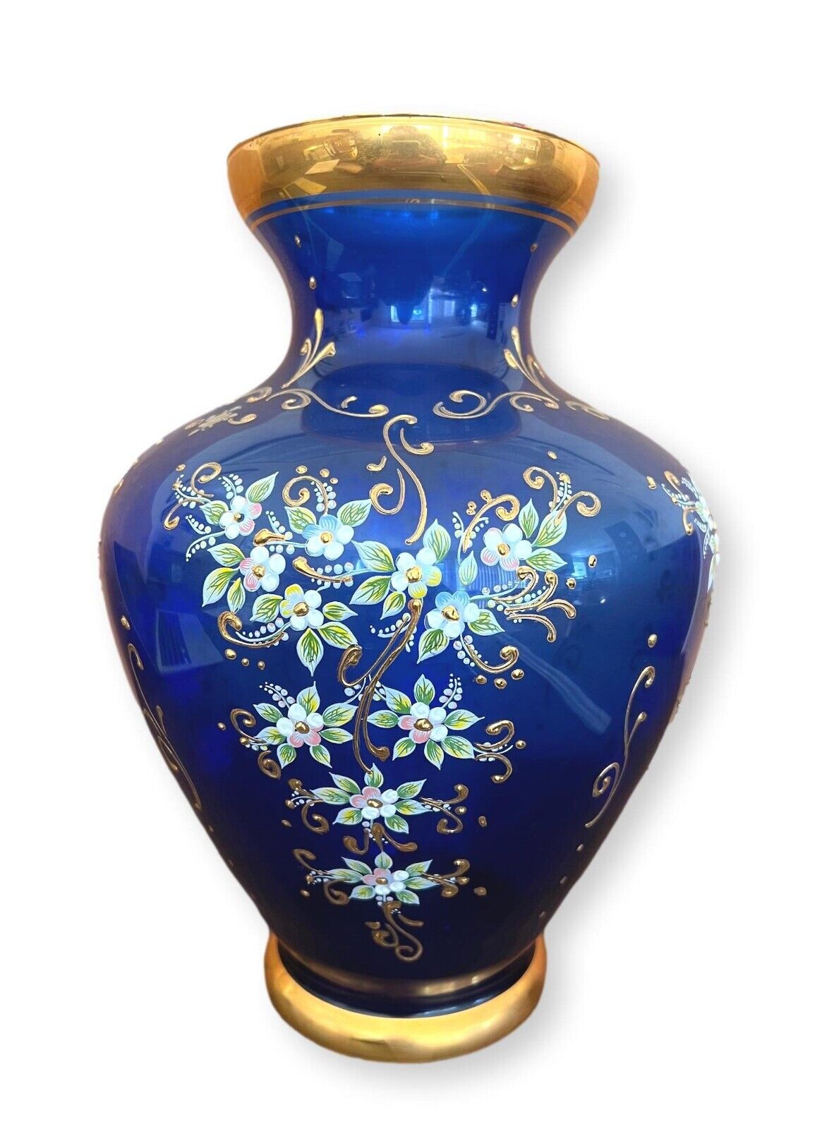 Amphora Murano Blue Glass Vessel/Vase, Polychrome Enamels, 24k Gold, Magnificent