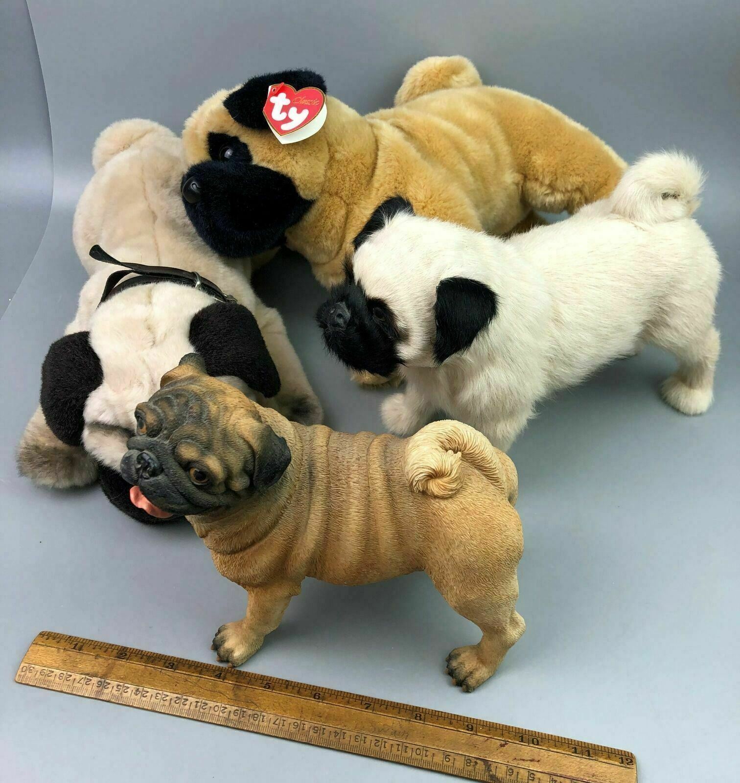 Lot of Pug Dog TY Stuffed Animal Toys Real Fur Resin Figure