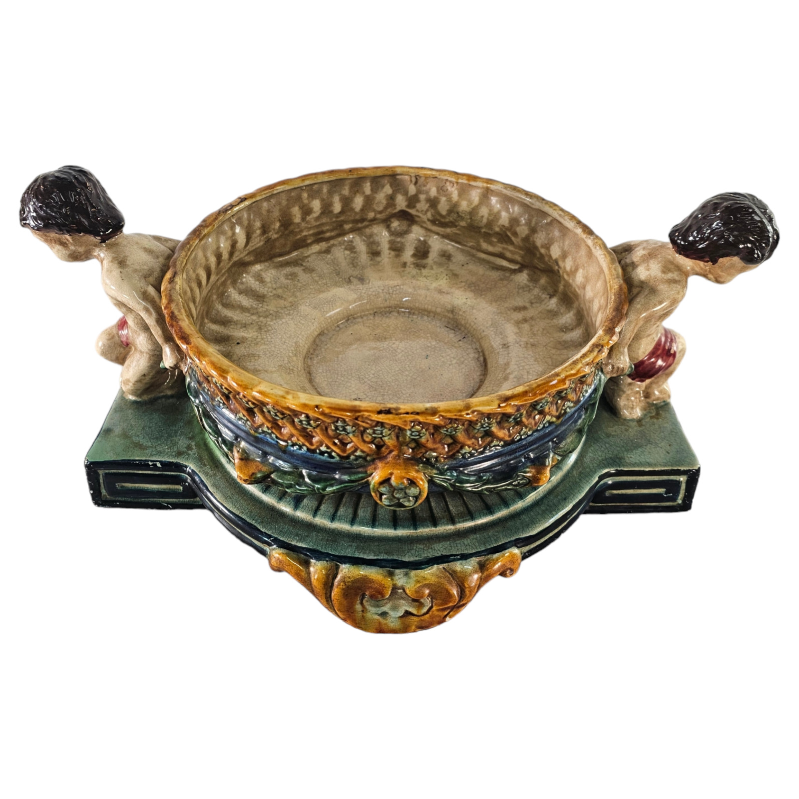 Wedgwood Reproduction Centerpiece Bowl Crackled Ceramic W/ Cherubs 17.5\