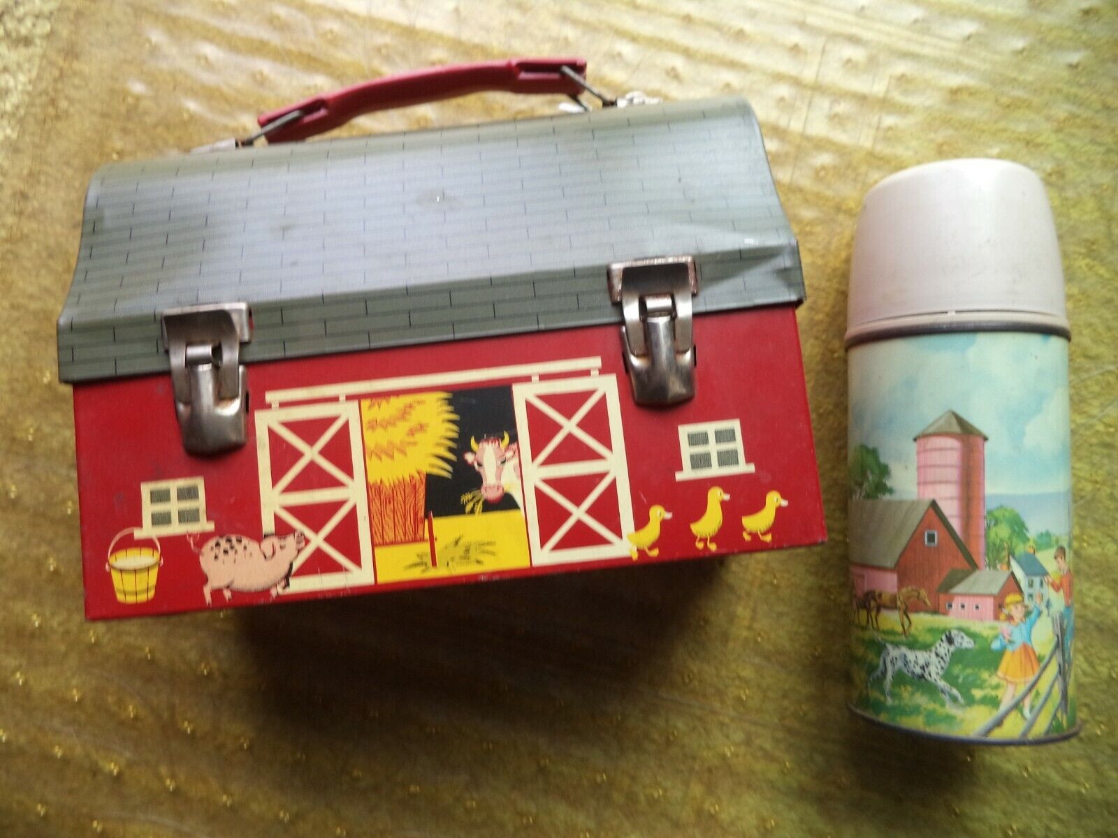 Vtg.1958 Red Barn Lunch Box with Thermos GC