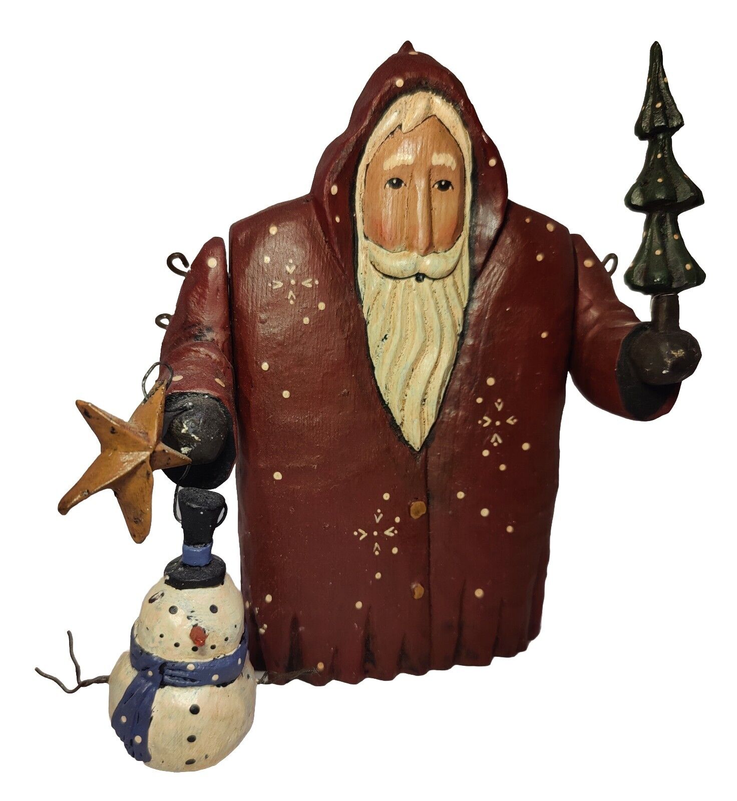 VTG Greg Guedel Santa Figure Tree Snowman Faux Wood Folk Art Signed Christmas