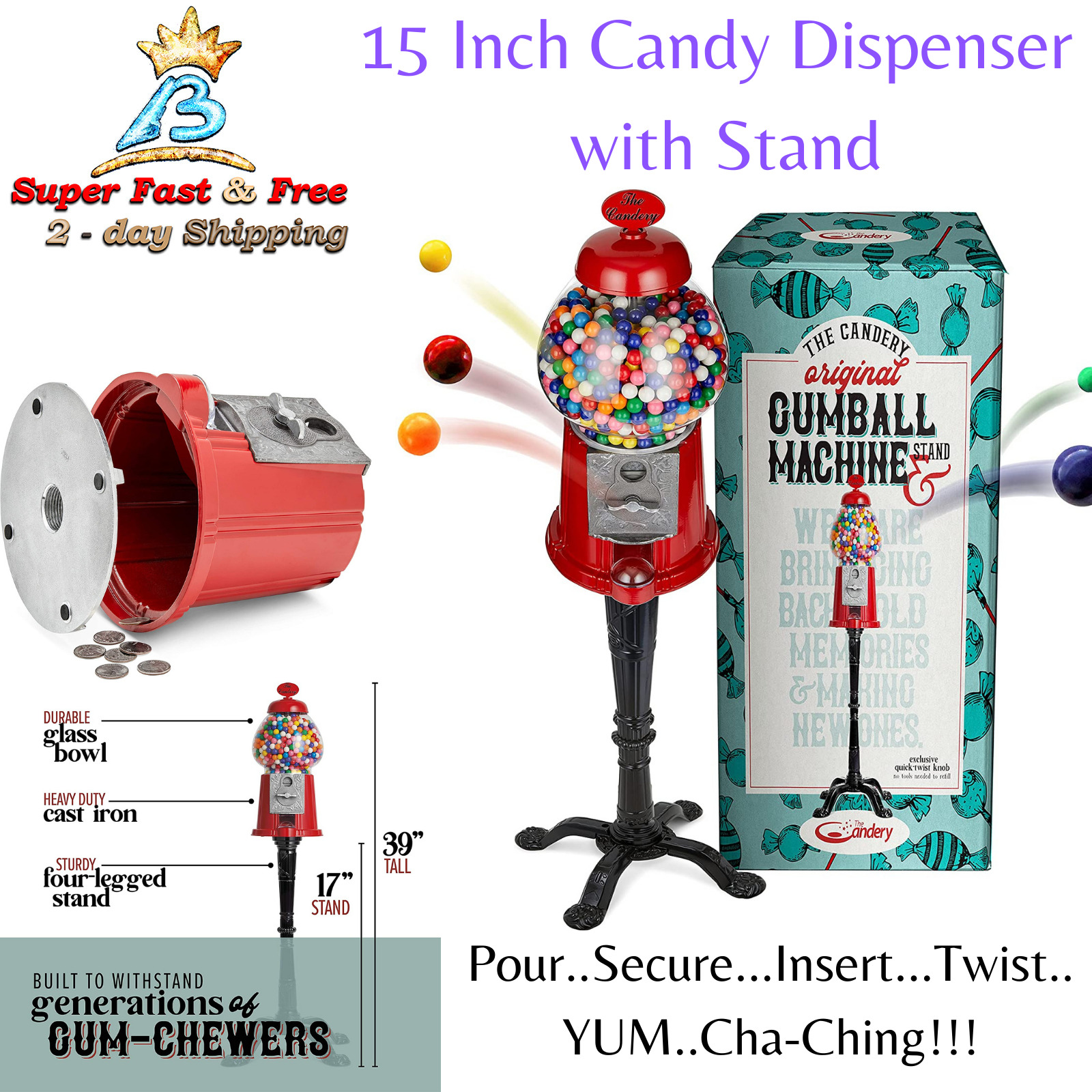 Classic Candy Dispenser With Stand Easy Twist-Off Refill Free or Coin Operated  