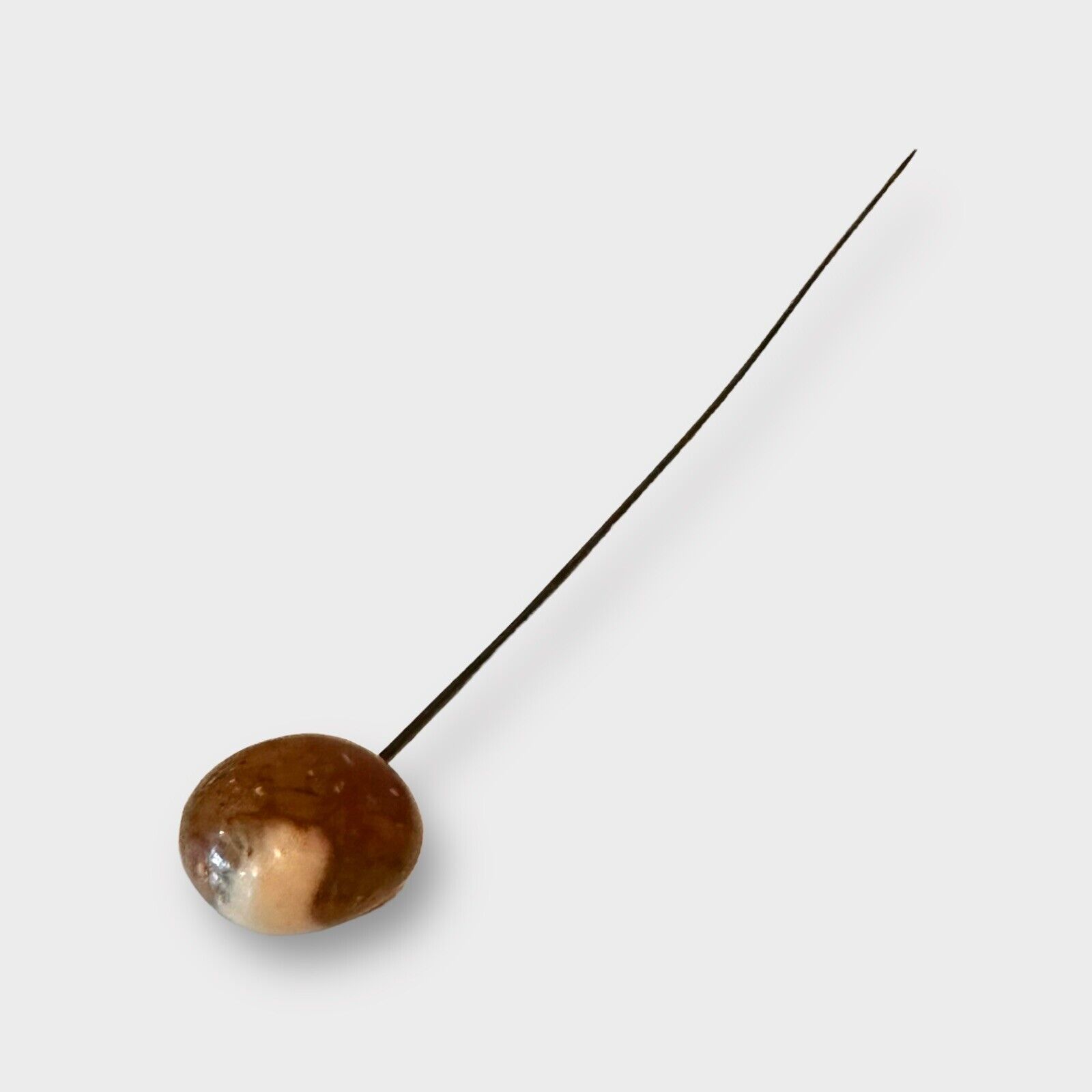 Vintage Stone Hatpin Stick Pin Brown Marbled Swirl Metal 10” Antique