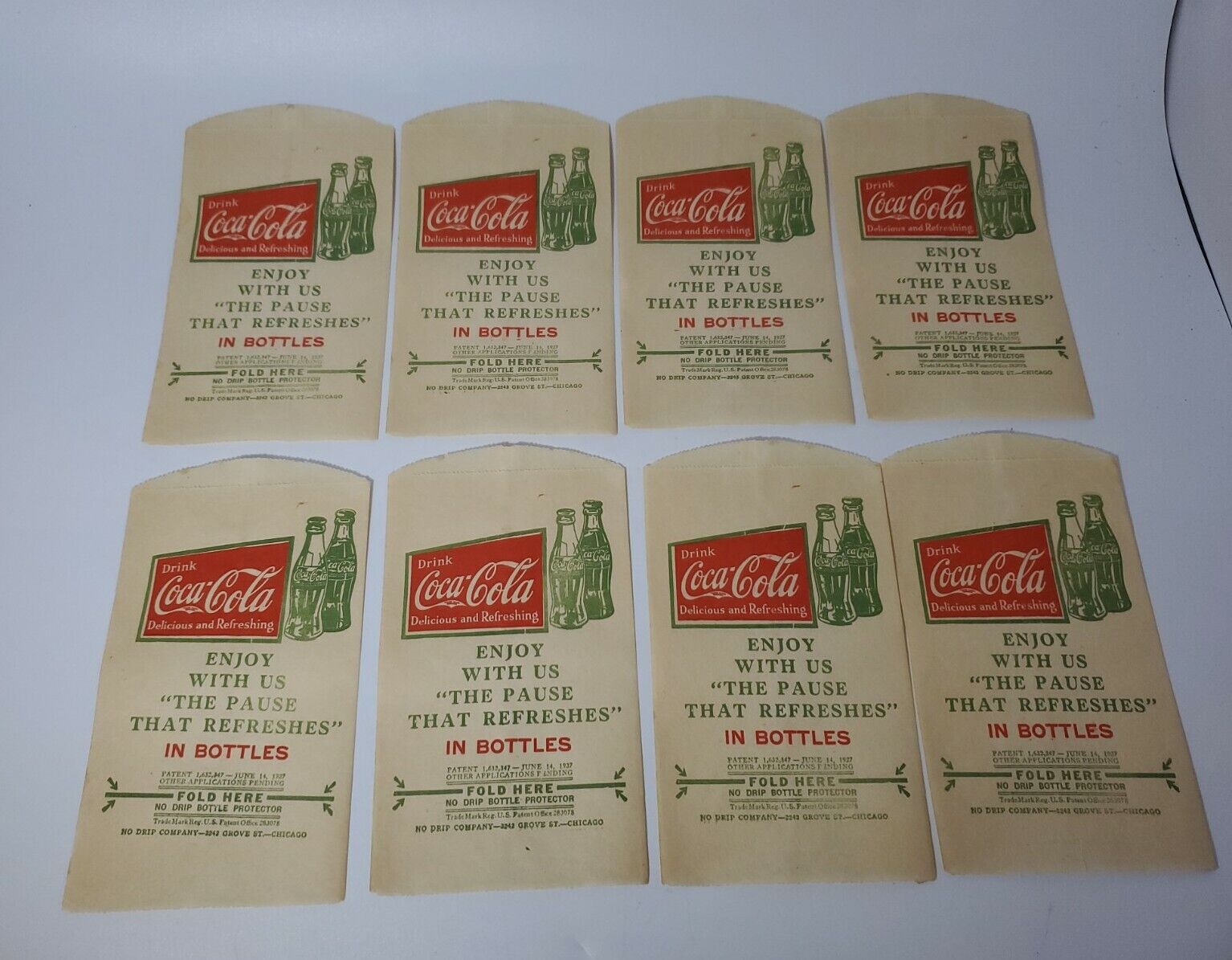 LOT OF 8 1927 Coca~Cola Coke No Drip Paper Bottle Protector Great Graphics RARE