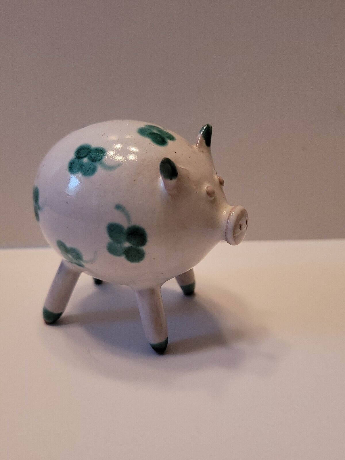 Vtg Mini Handpainted Pottery Pig Figurine. Green Flowers/Shamrocks