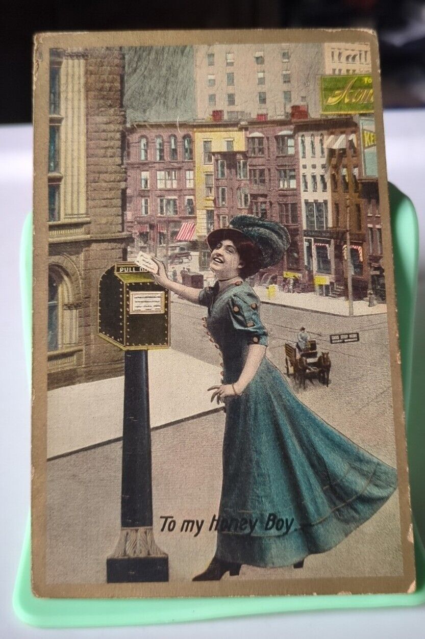 To My Honey Boy Edwardian fashion ~ 1909 - Vintage Postcard 