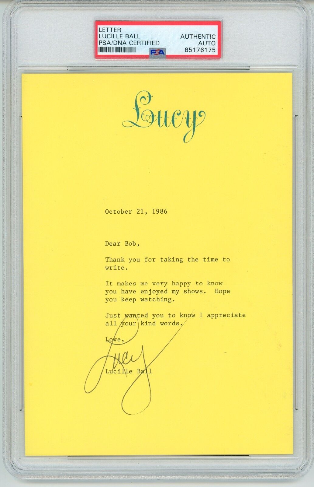 Lucille (Lucy) Ball ~ Signed Autographed Letter ~ PSA DNA Encased