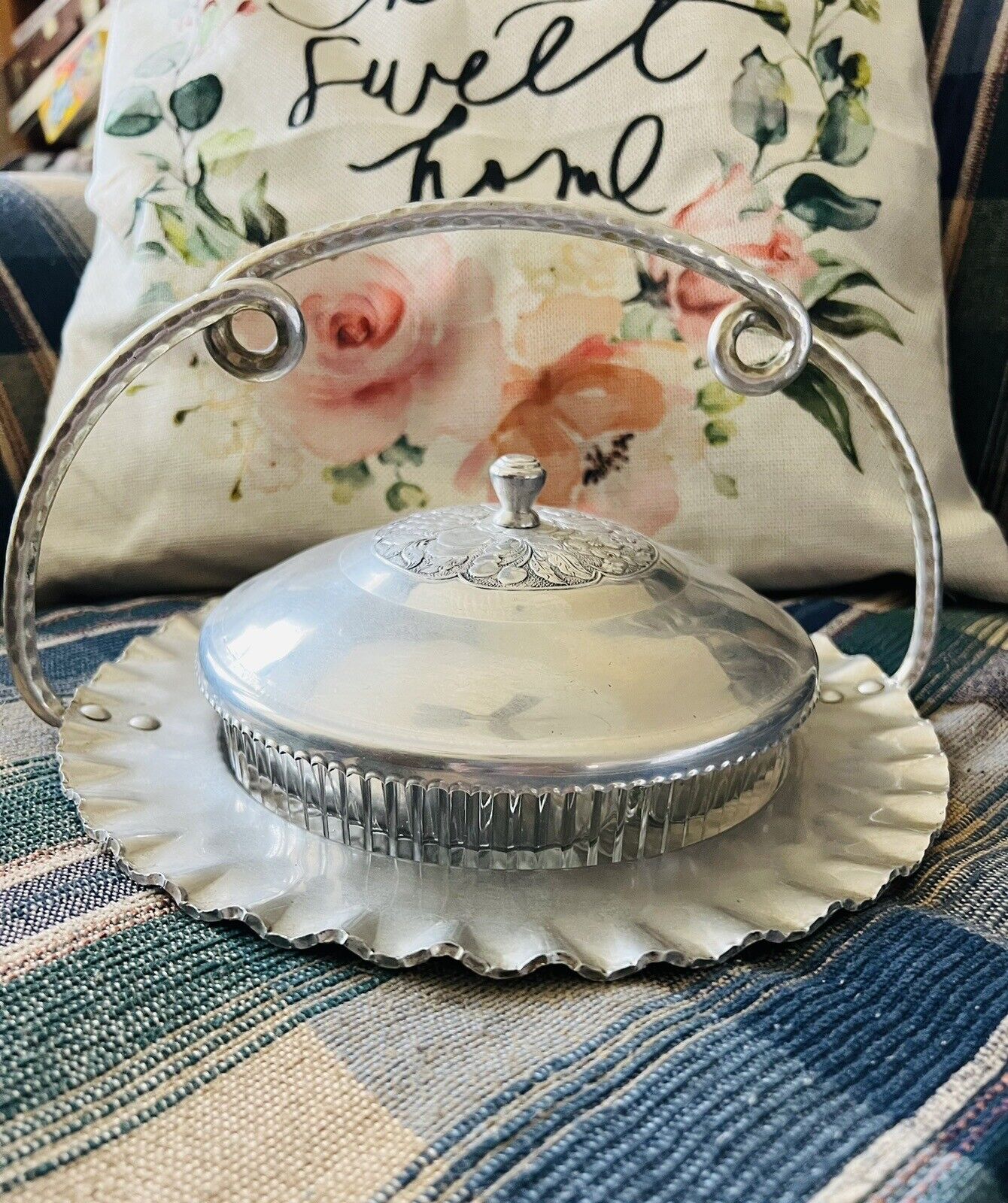 Vintage Cromwell Hand Wrought Aluminum Covered Candy Dish With Ruffled Design