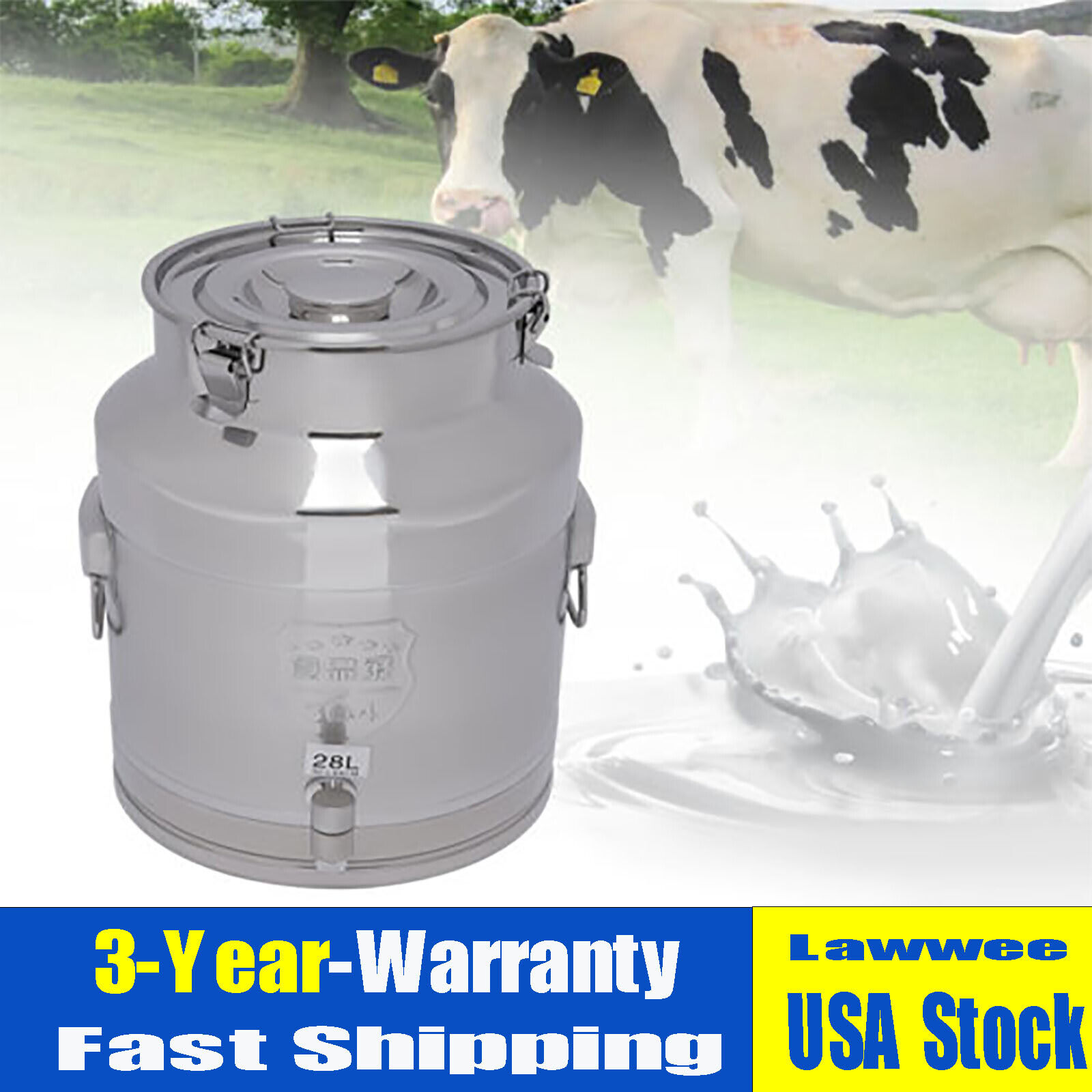 28L Stainless Steel Milk Can Wine Barrel Bucket Milk Storage Container +Faucet