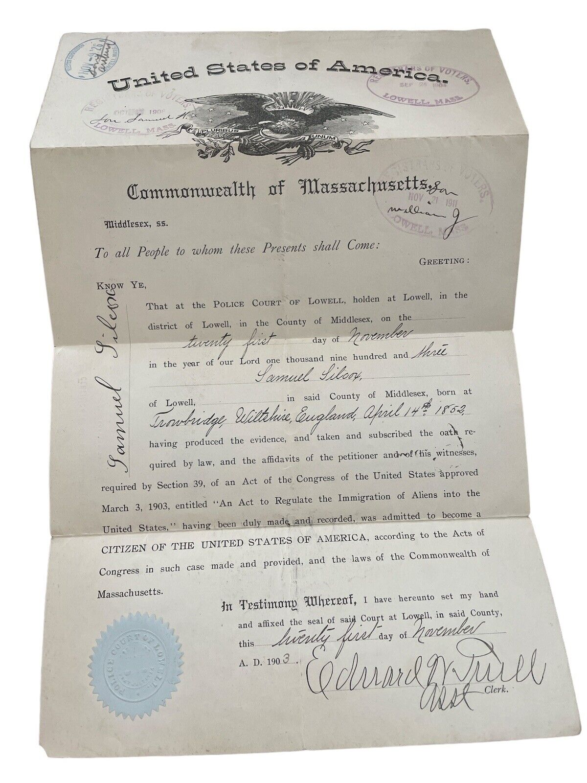 Original Antique US Certificate of Naturalization Dated Nov 21, 1903 Lowell Mass
