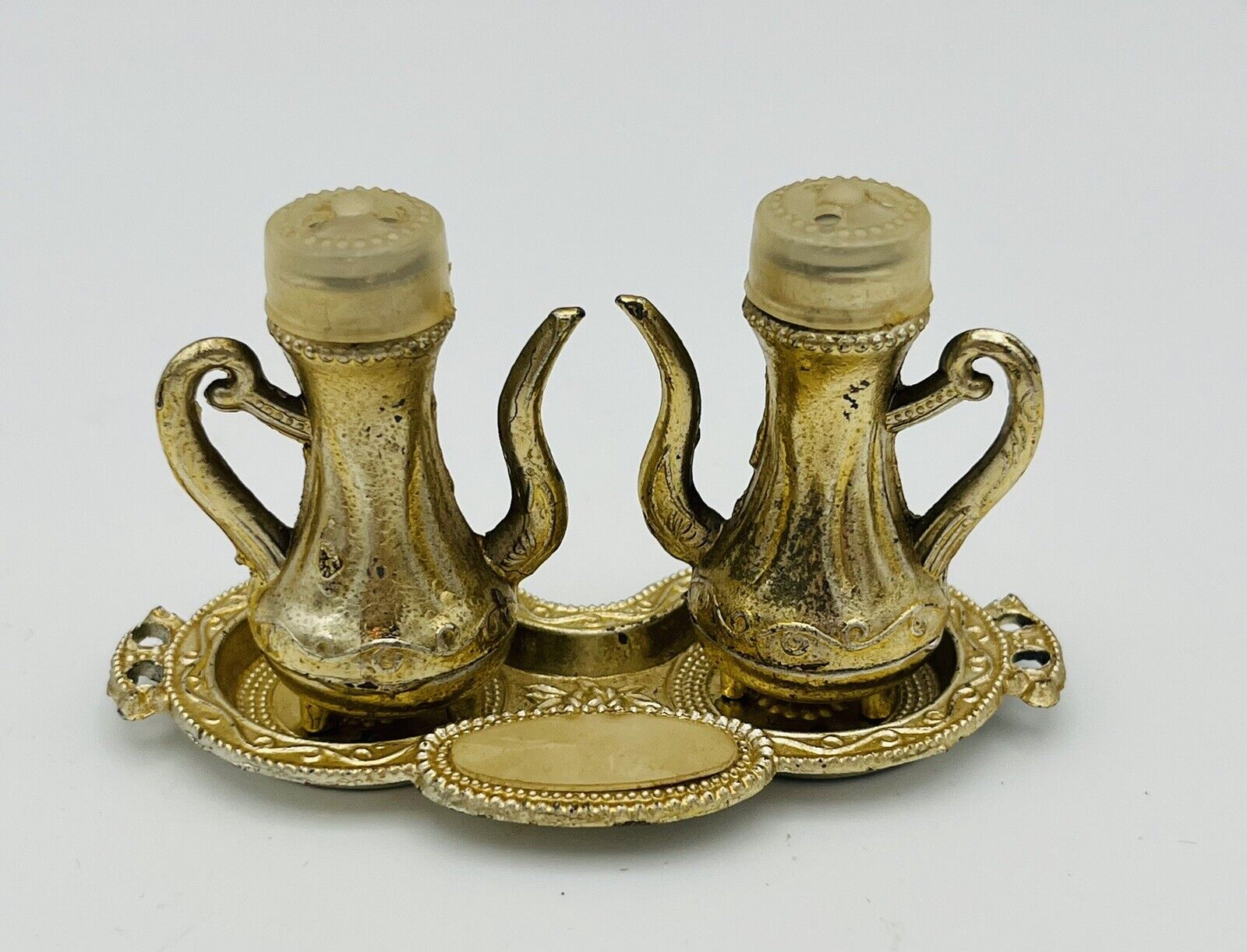 Vintage ornate metal  tea pots salt and pepper shakers with tray Japan