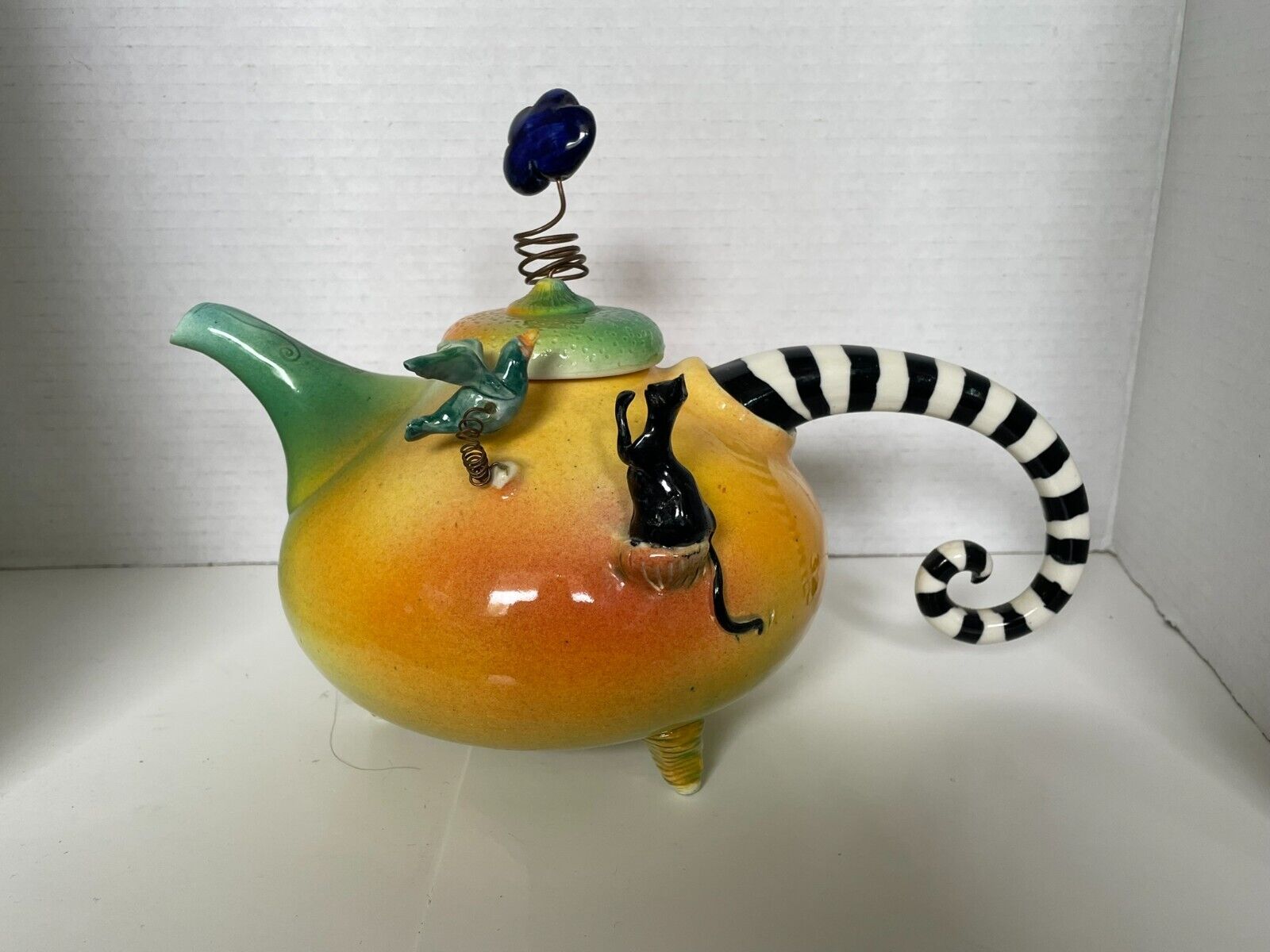 Marion Mewburn Whimsical Black Cat and Bird Multi-Colored Tea Pot
