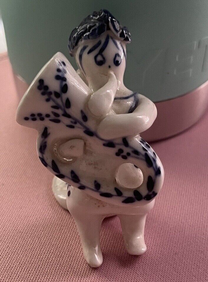 Russian-style Hand Painted  Porcelain Folk Style Woman Playing Tuba, 3”