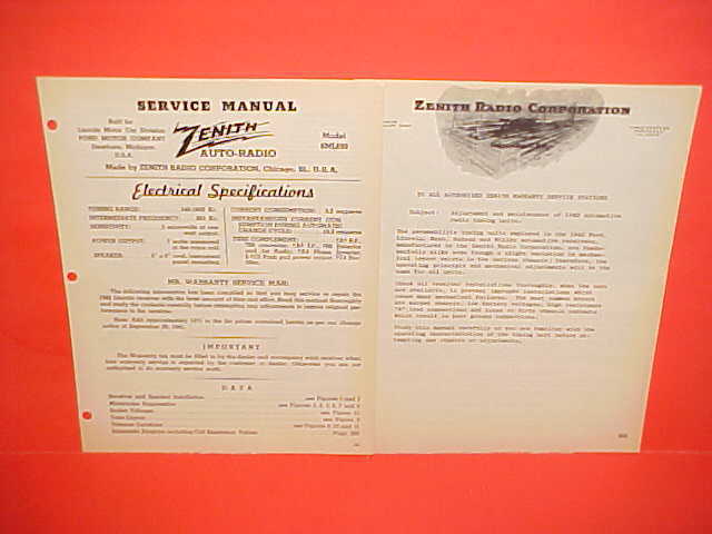 1942 LINCOLN ZEPHYR CONTINENTAL CONVERTIBLE COUPE ZENITH AM RADIO SERVICE MANUAL