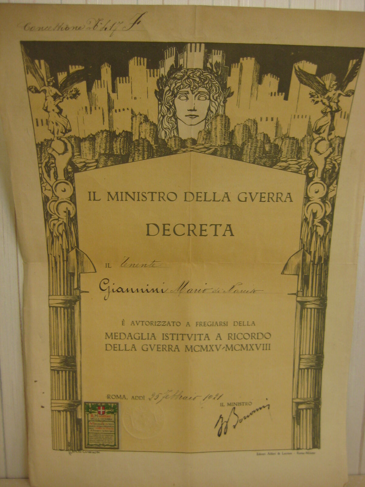 ANTIQUE IL MINISTRO DELLA GUERRA DECRETA, ROMA ITALY 1921, 19 1/2\
