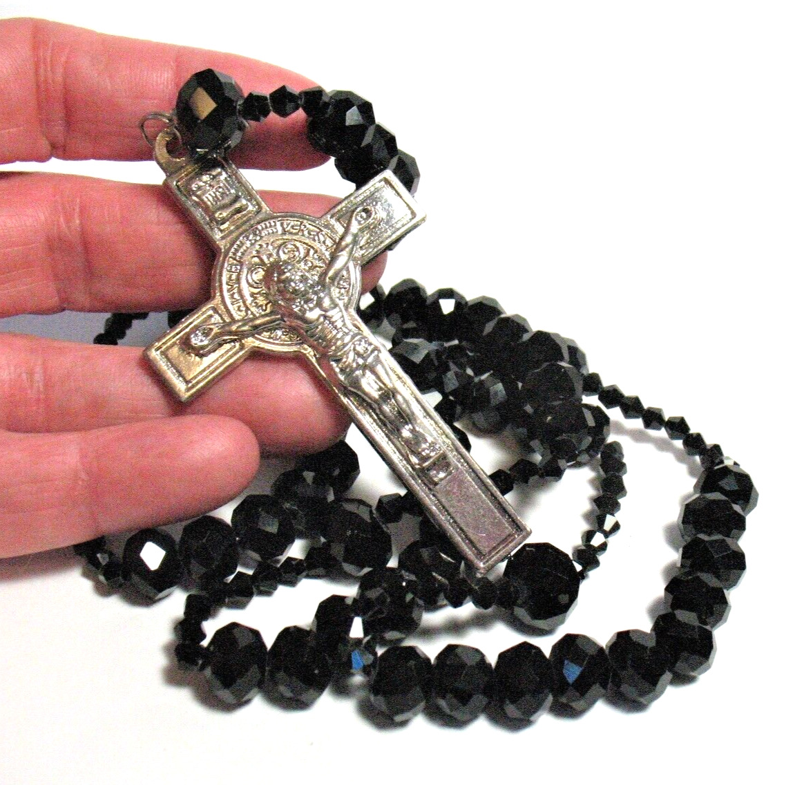 SILVER FACETED GLASS BEAD ROSARY 24 INCHES LONG