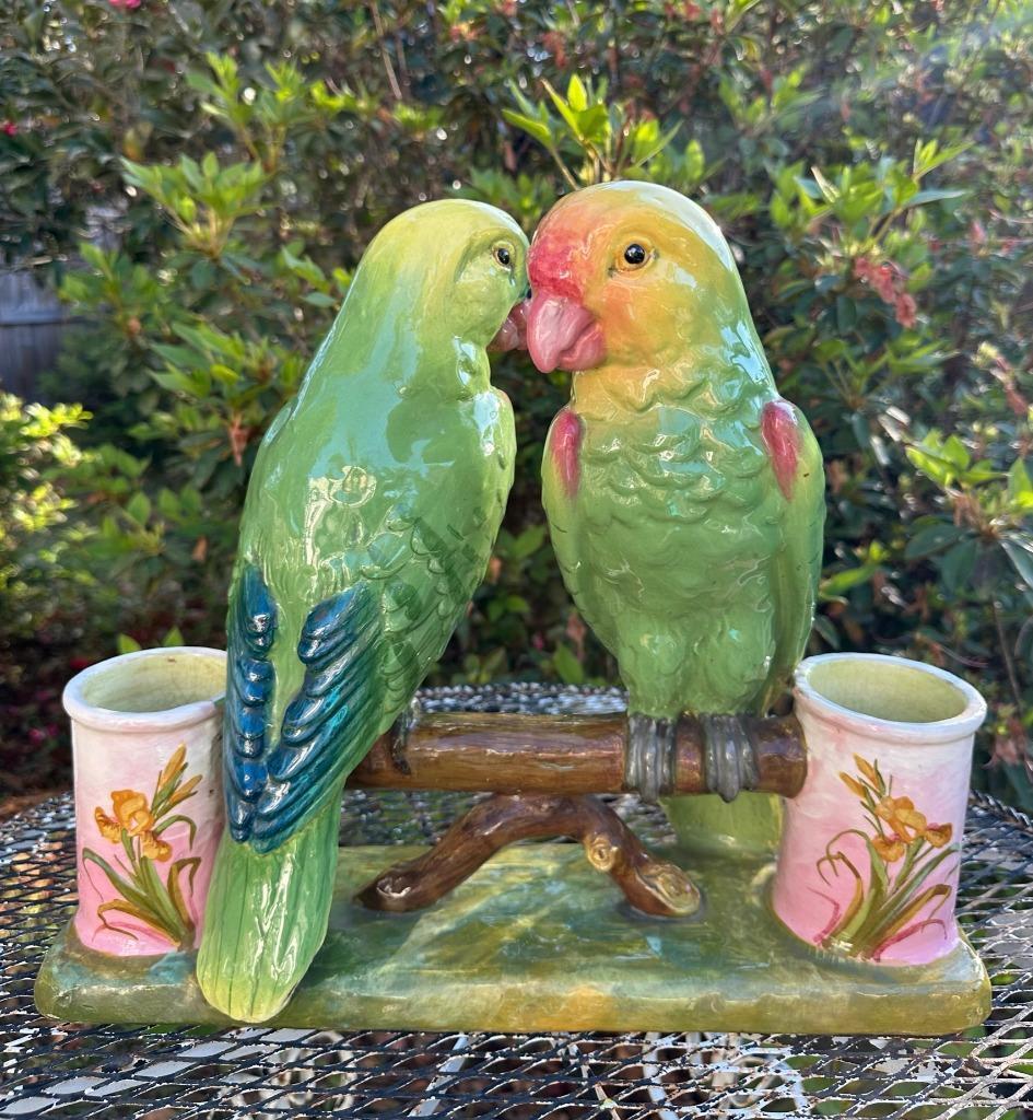 JEROME MASSIER.FIPS Majolica Parrots Figural Double Vase Vallauris France