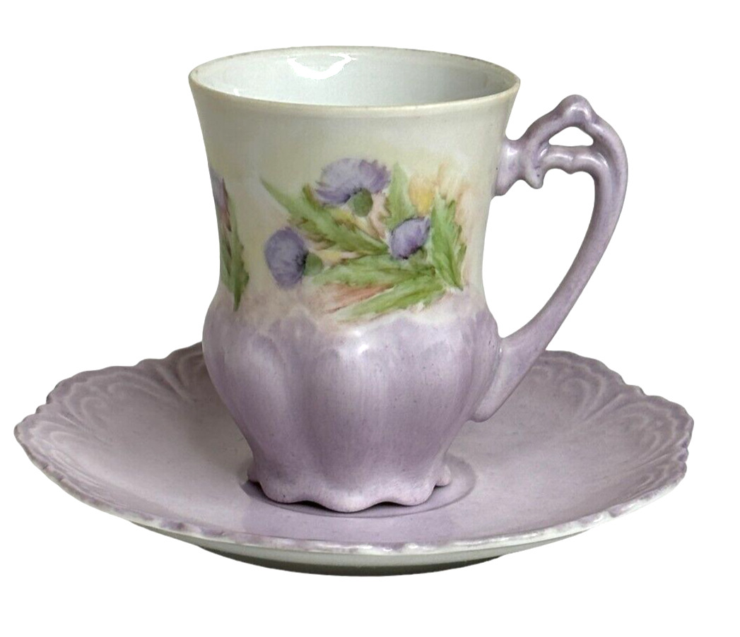 Vintage Hand Painted Lavender Demitasse Cup and Saucer Flowers Artist Signed