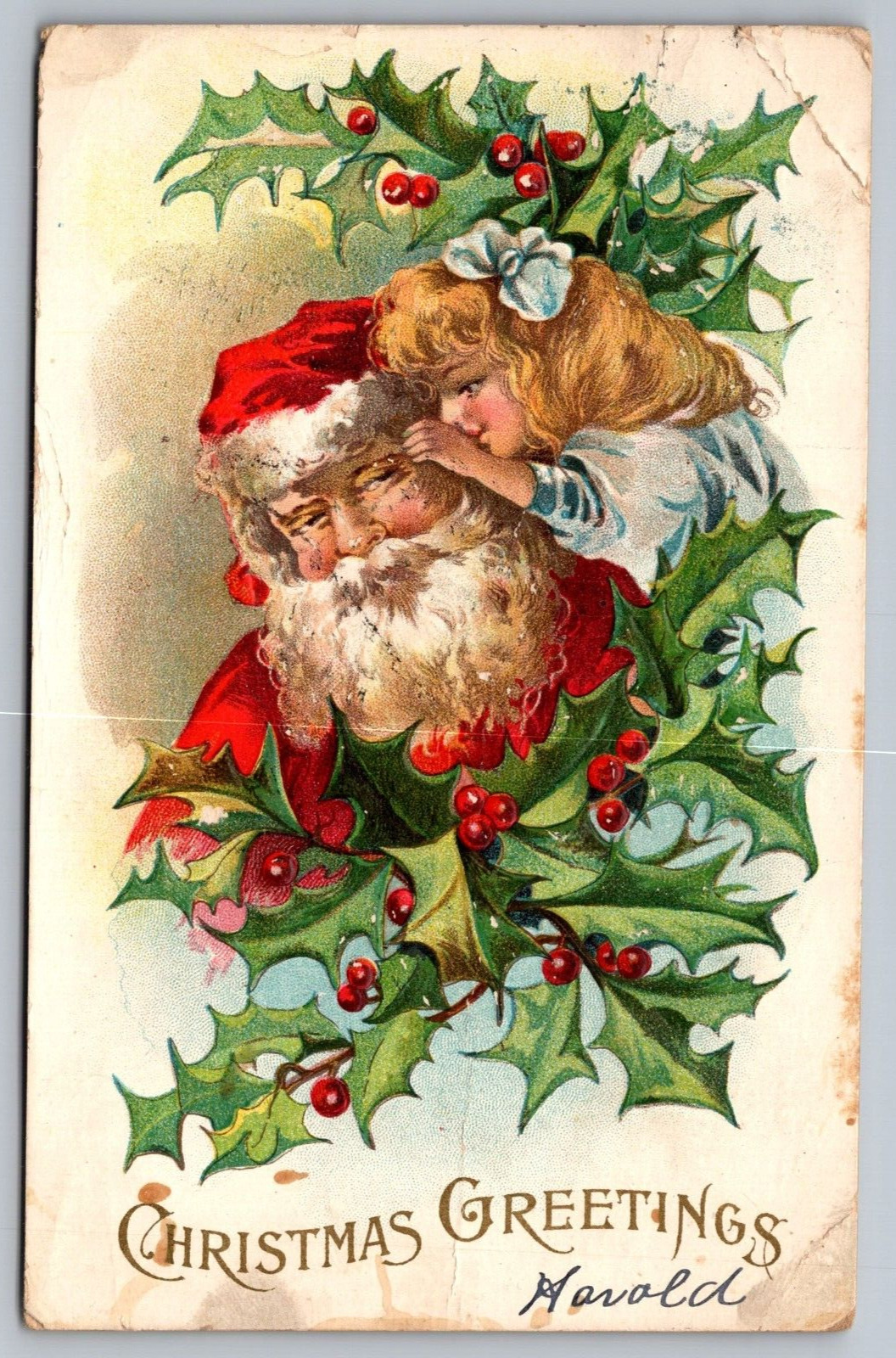 Christmas Greetings Antique Embossed Postcard c1908 w/ Interesting Santa & Girl