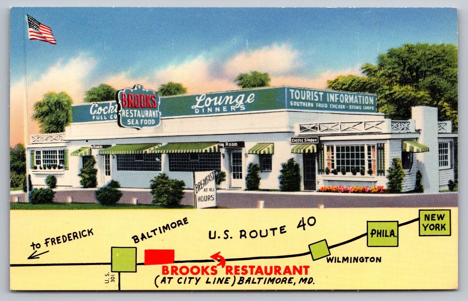 Brooks Restaurant Pulaski Highway Baltimore Maryland VTG Postcard-Mellinger STU