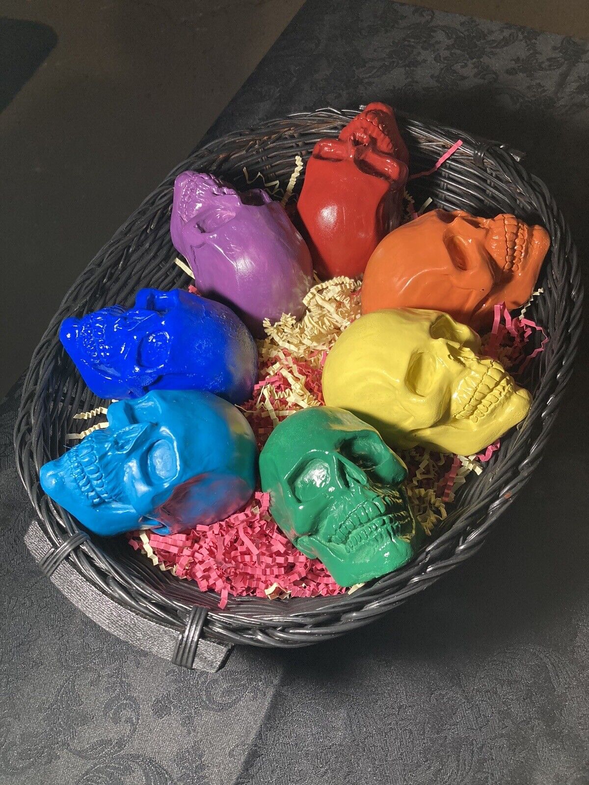 Rainbow Skull Set Of 7 In Black Basket LGBTQ+