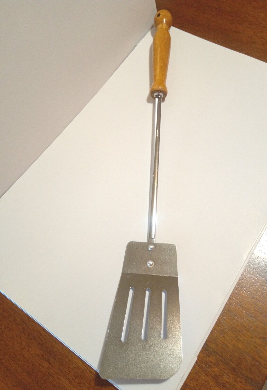 Vintage Slotted Spatula With Wooden Handle Long Blade 12\