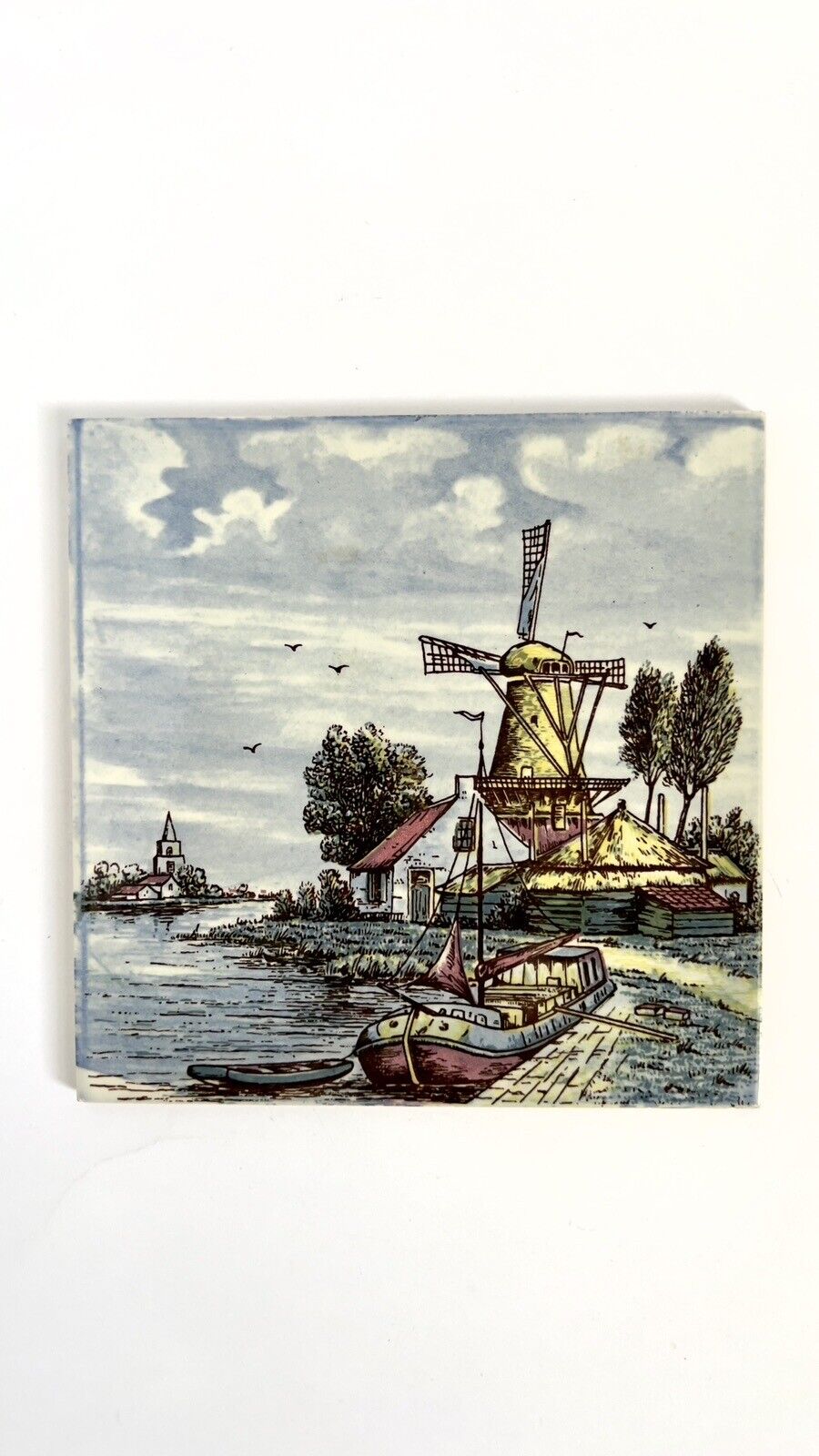 Delft’s Trivet Ceramic Tile Holland Windmill Bridge Hand Painted 6 x 6 Vintage