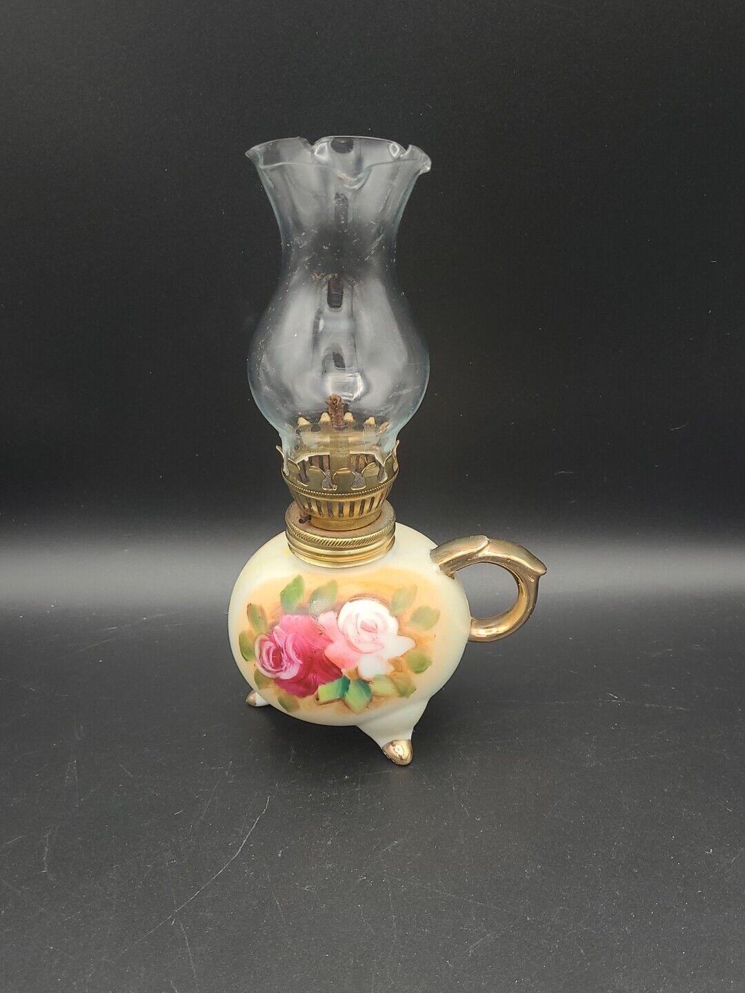 Vintage Mini 3 Footed Ceramic Porcelain Oil Lamp w/Floral Design 7 1/2\