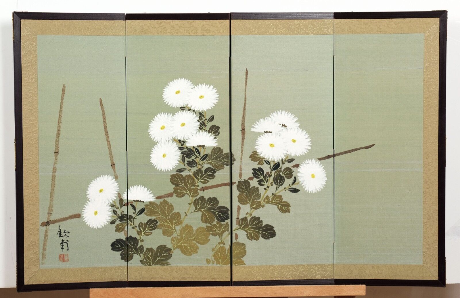 Japanese 4-Panel Byobu Bamboo & White Flowers Hand Signed & Painted Silk Divider