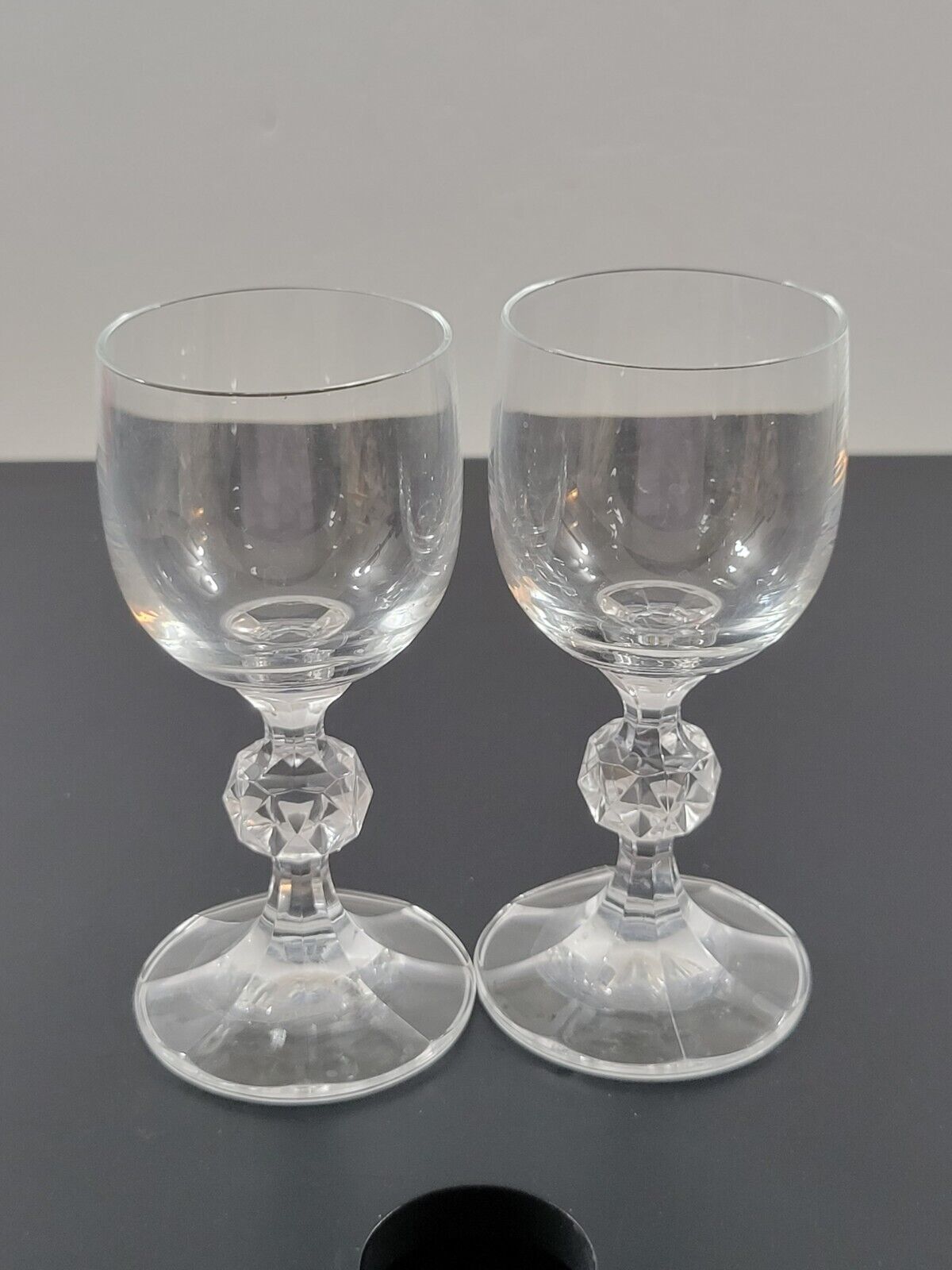 Set of 2 Vintage Crystal Cordial Glasses Faceted Ball Stem Round Paneled Base