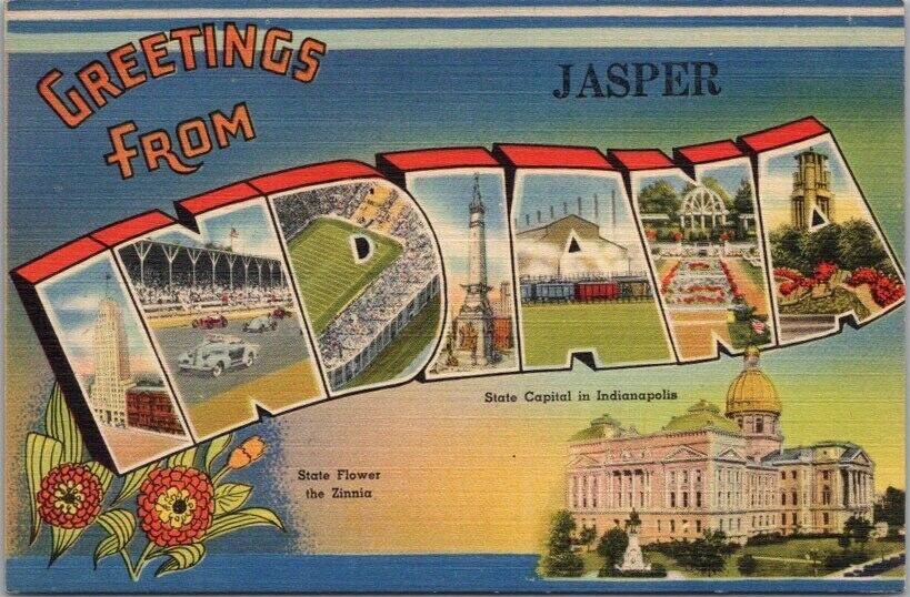 JASPER, INDIANA Large Letter Postcard State Capitol & Flower / Tichnor Linen